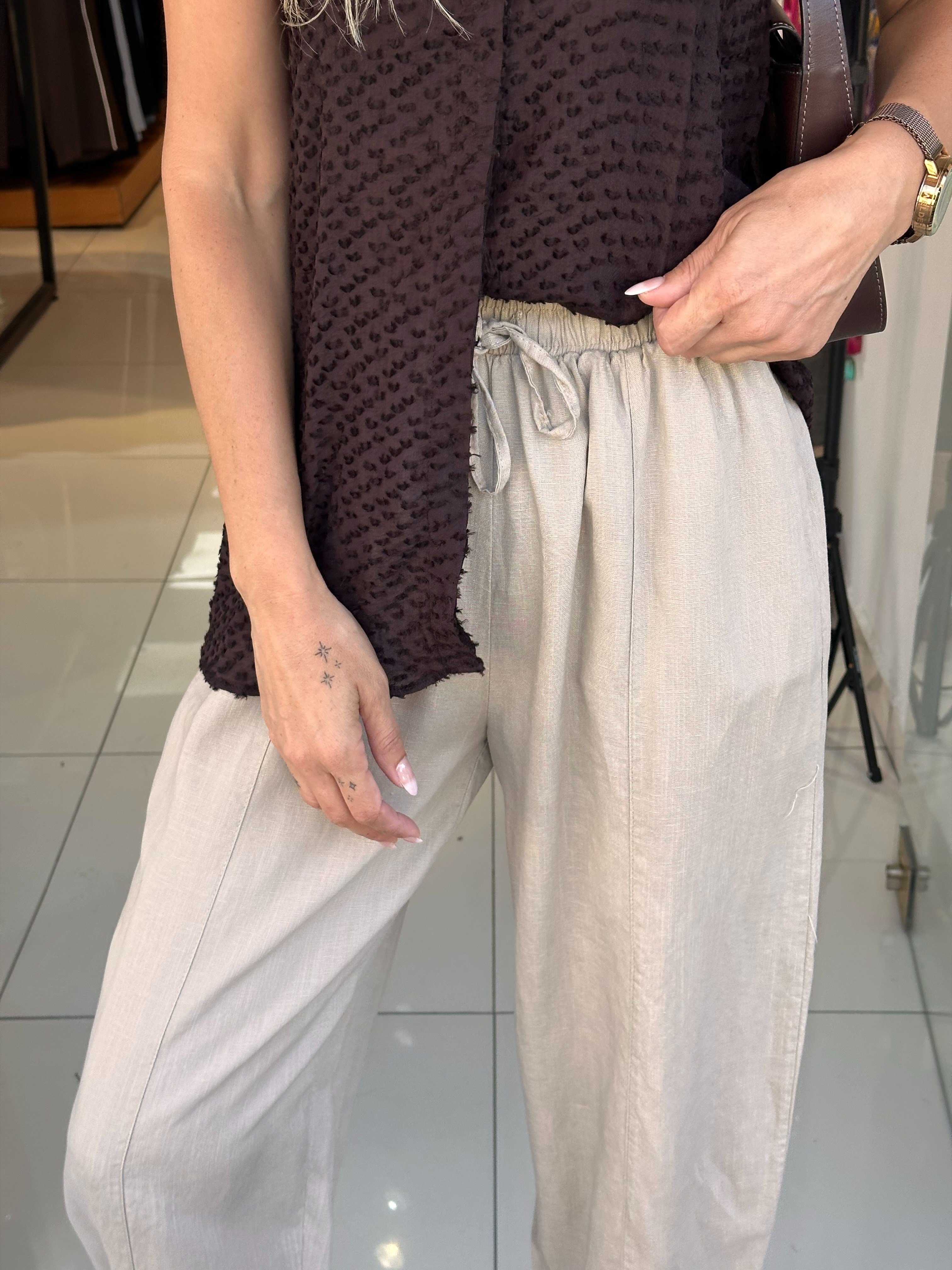 Bej Keten Balon Paça Pantolon