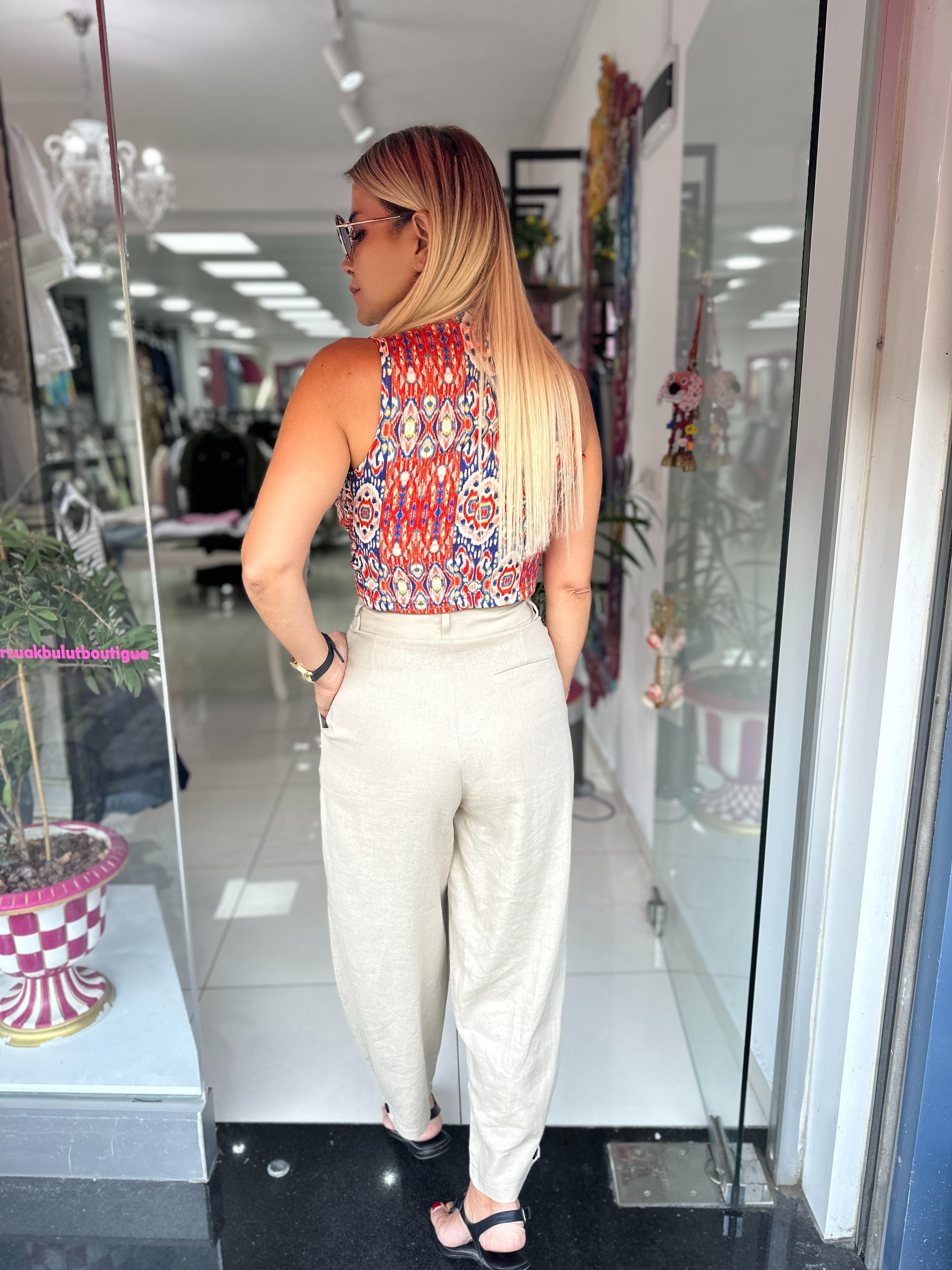 Bej Keten Paça Düğme Detaylı Pantolon 