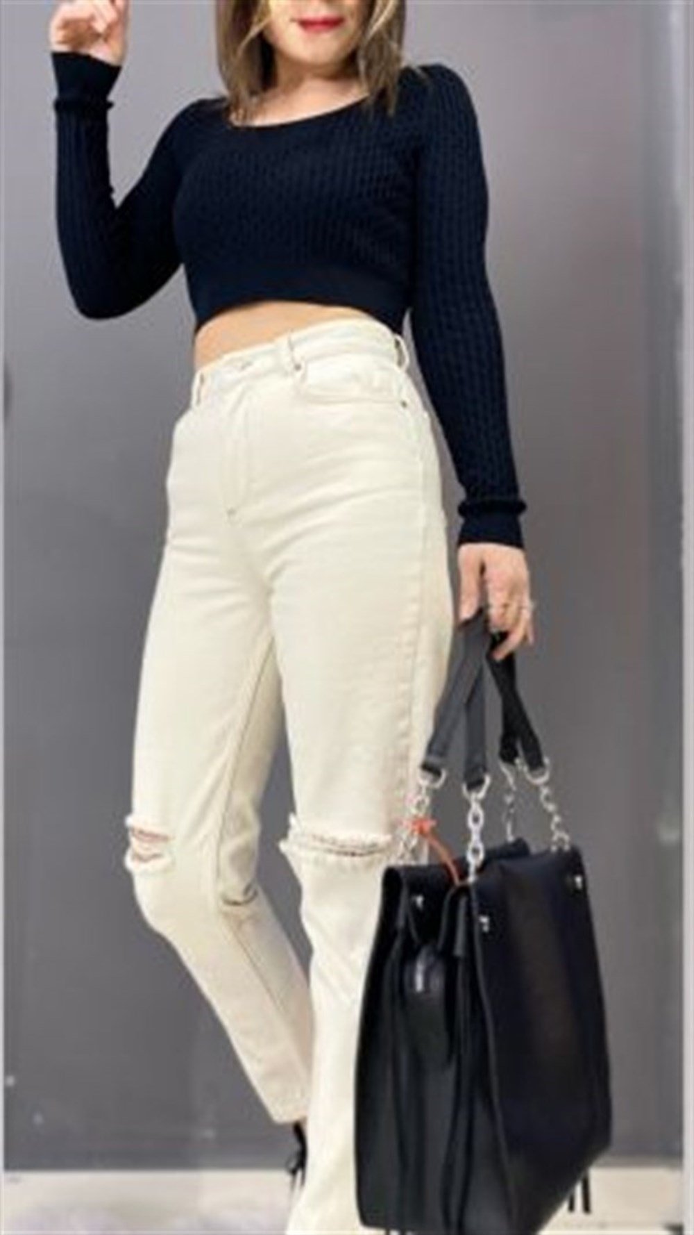 BEJ LAZER KESİM MOM JEANS