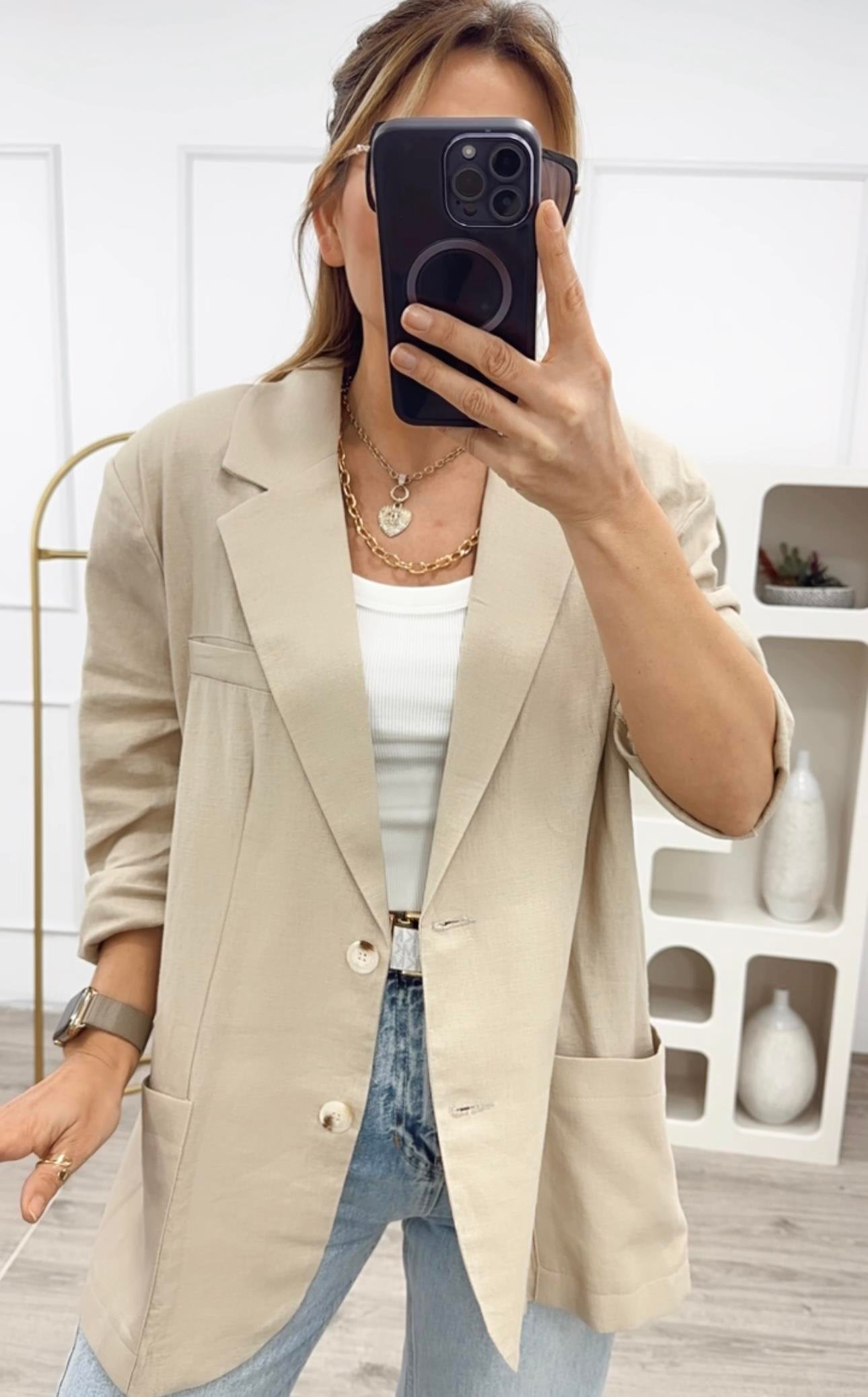 Bej Oversize İnce Keten Blazer