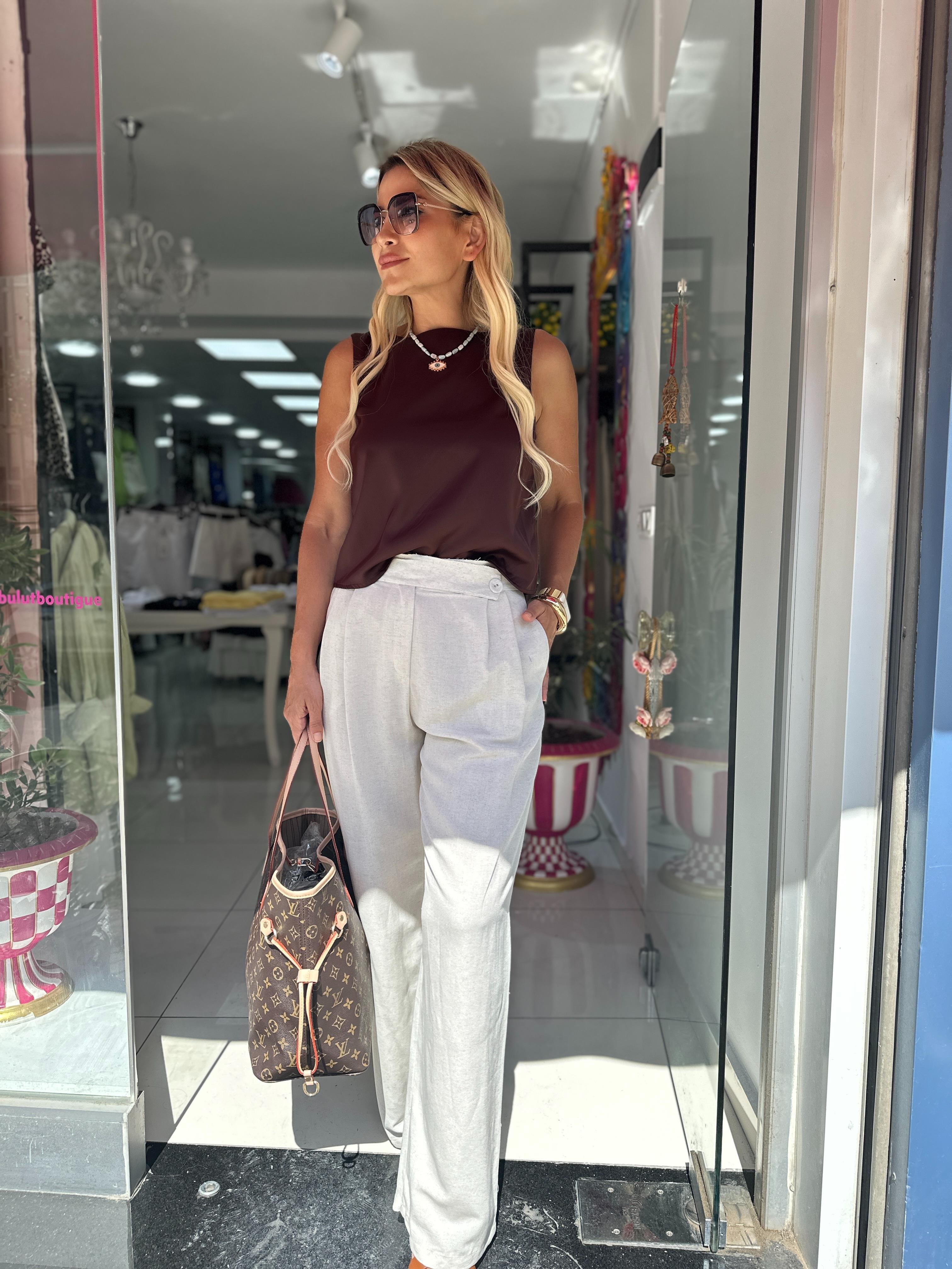 Bej Pile Detaylı Pantolon