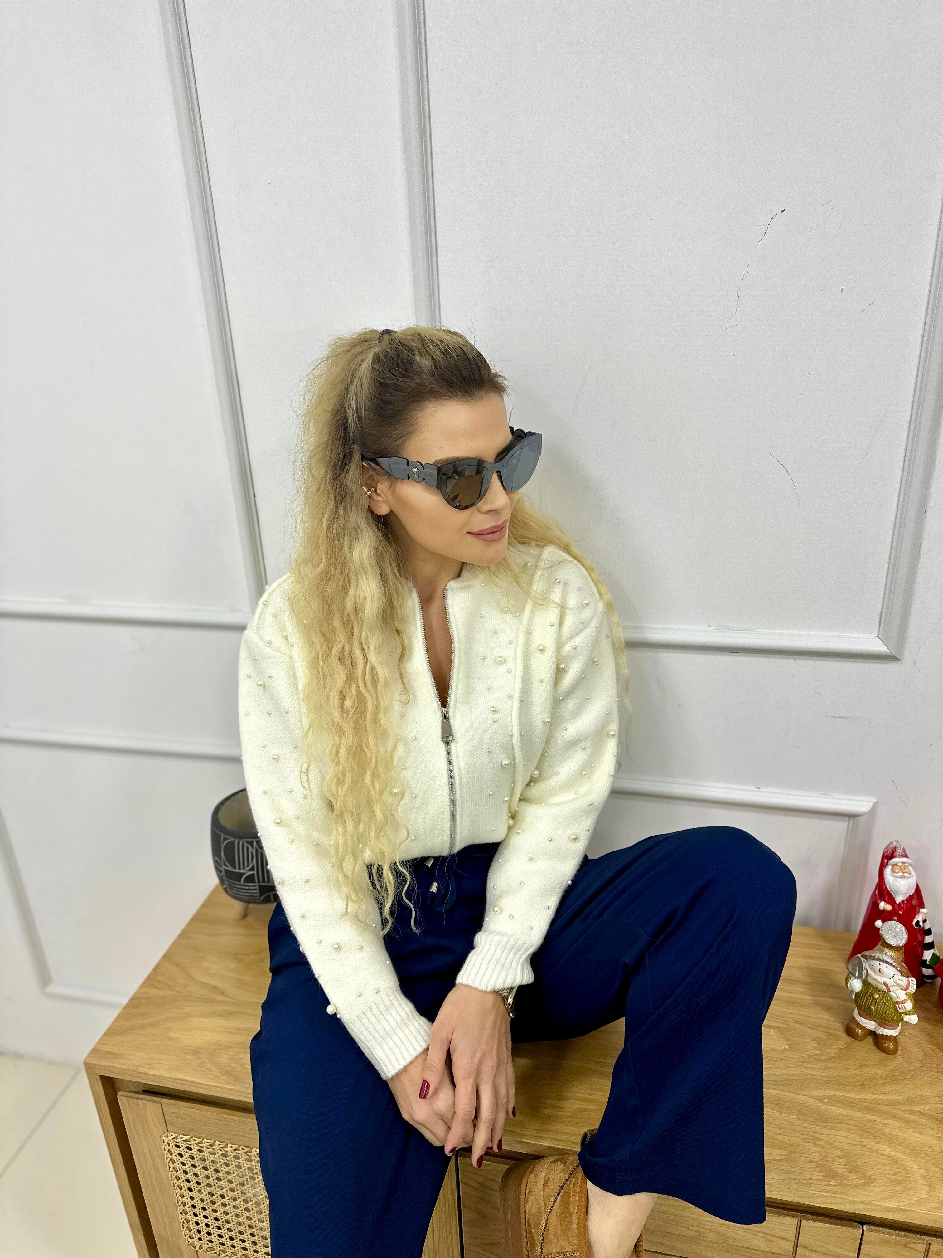Bej Suni İncili Triko Bomber Ceket 