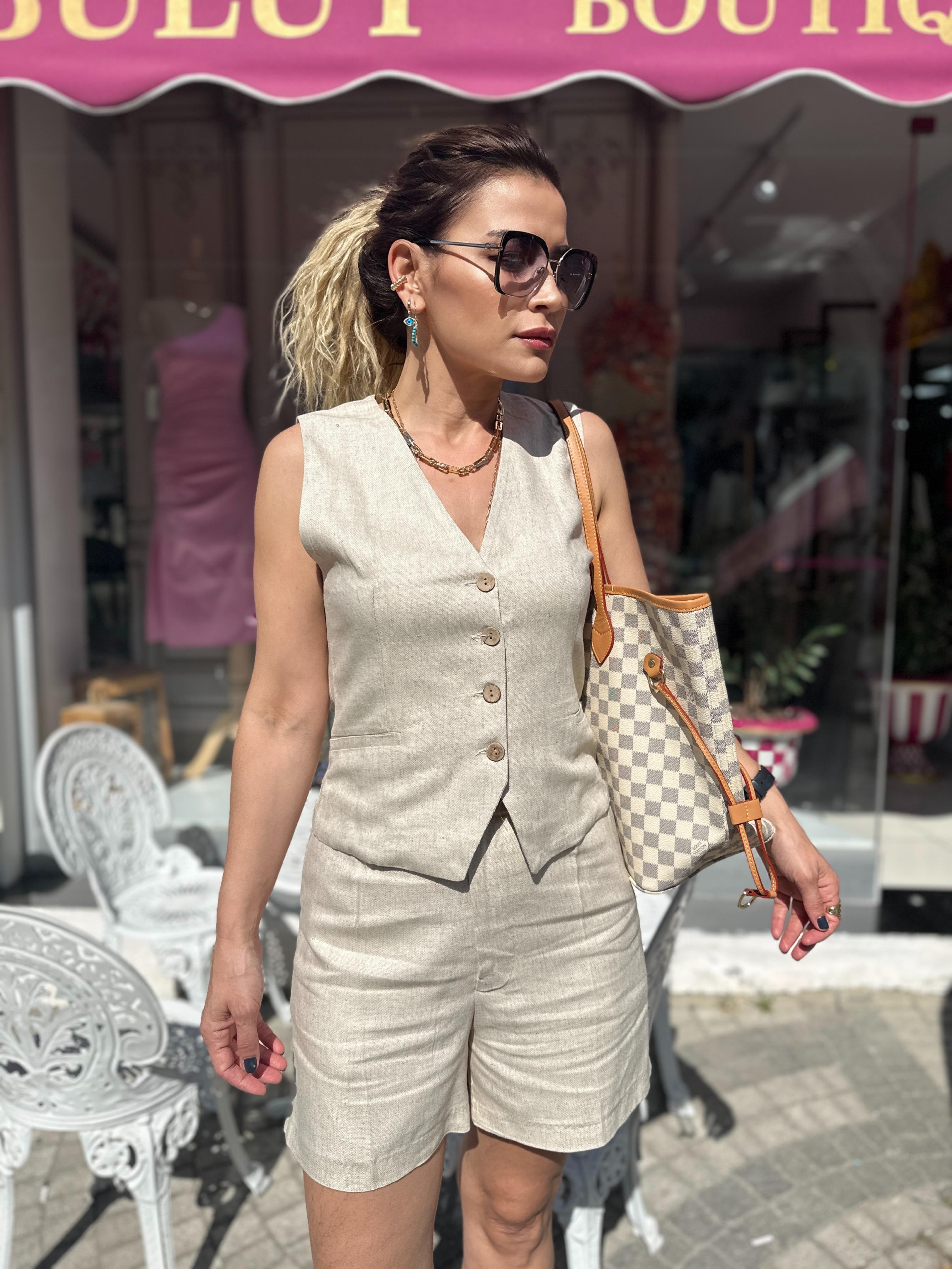 Bej Yelekli Keten Takım 