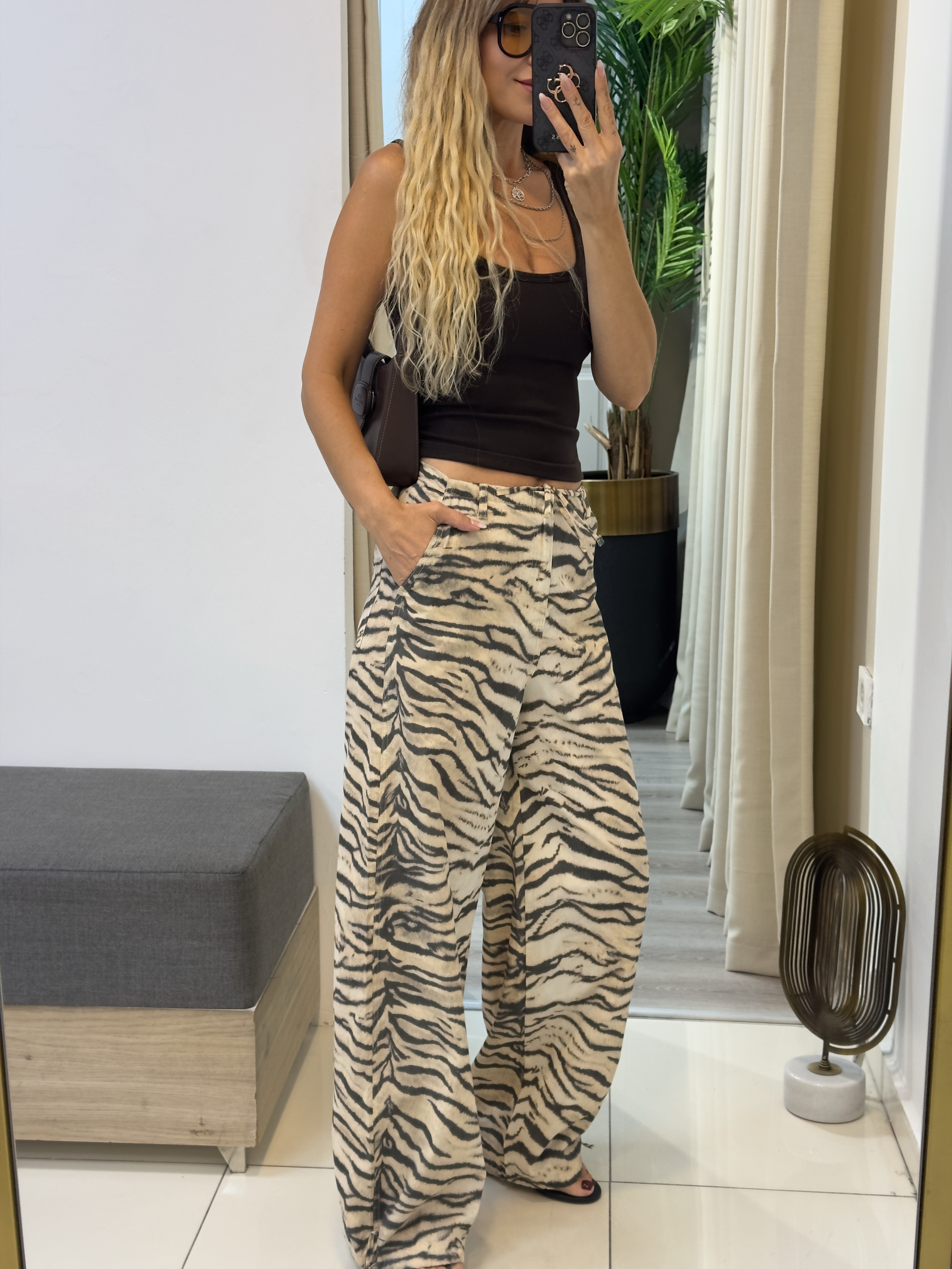 Bej Zebra Desen Pantolon