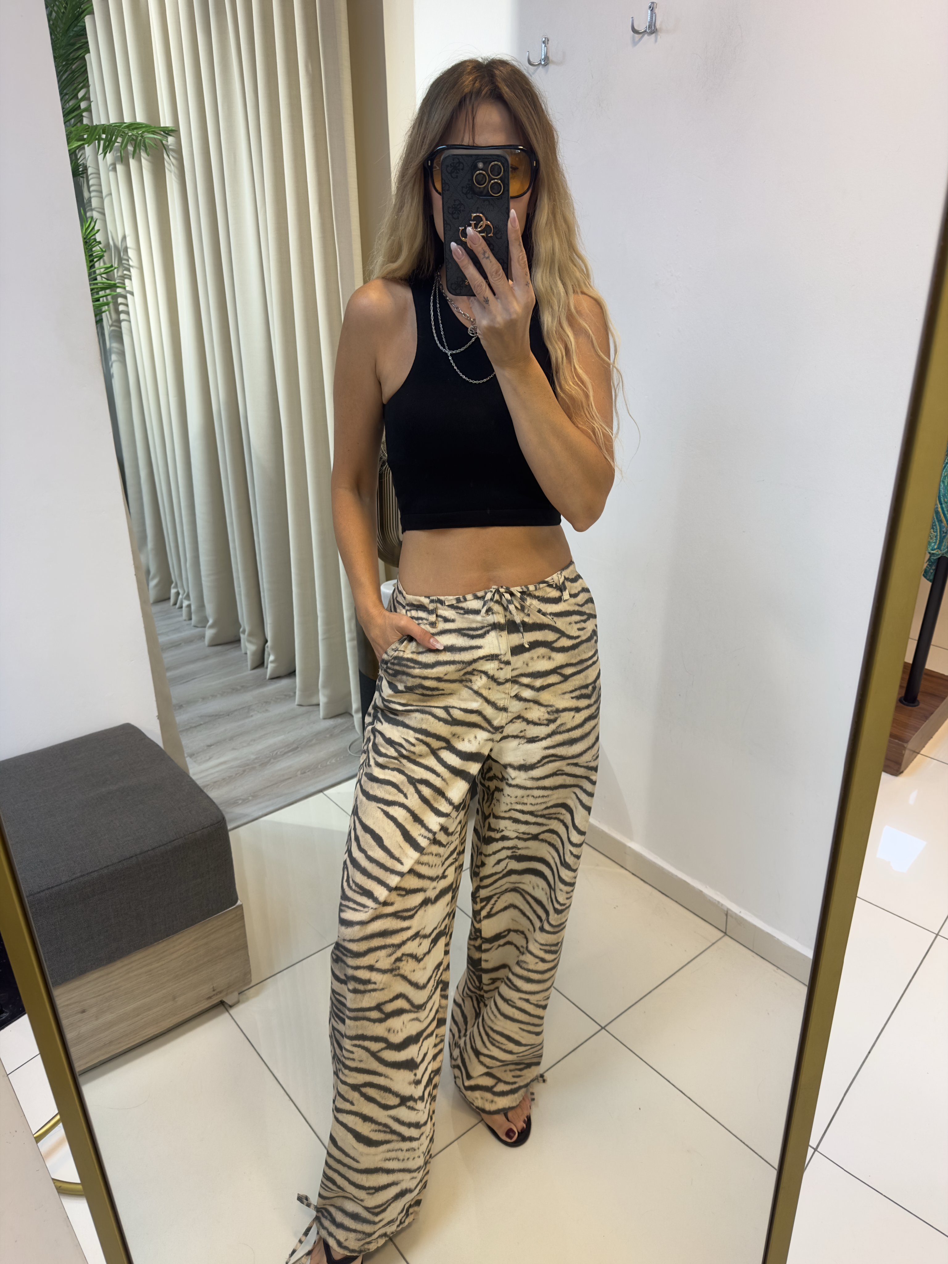 Bej Zebra Desen Pantolon