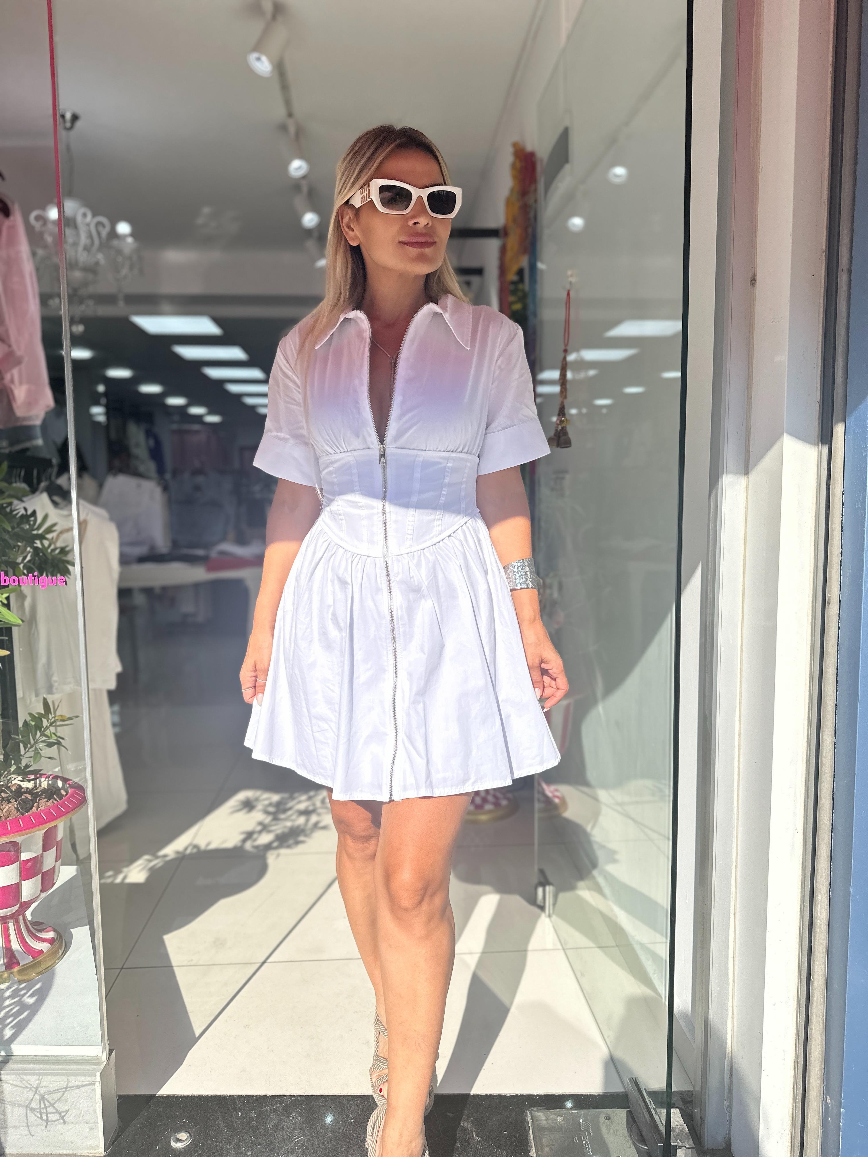 Beyaz Beli Korseli Fermuar Detaylı Elbise 