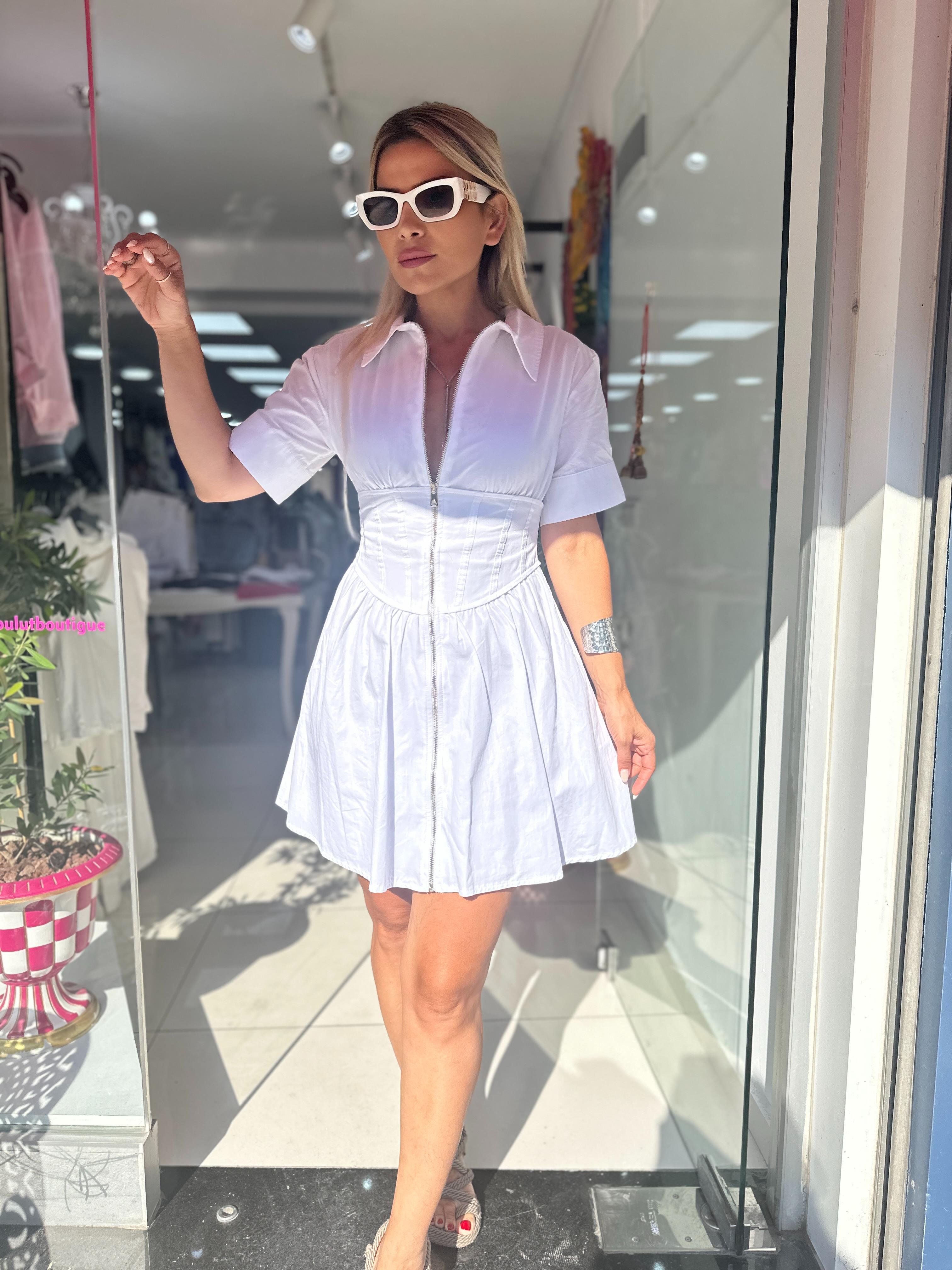 Beyaz Beli Korseli Fermuar Detaylı Elbise 