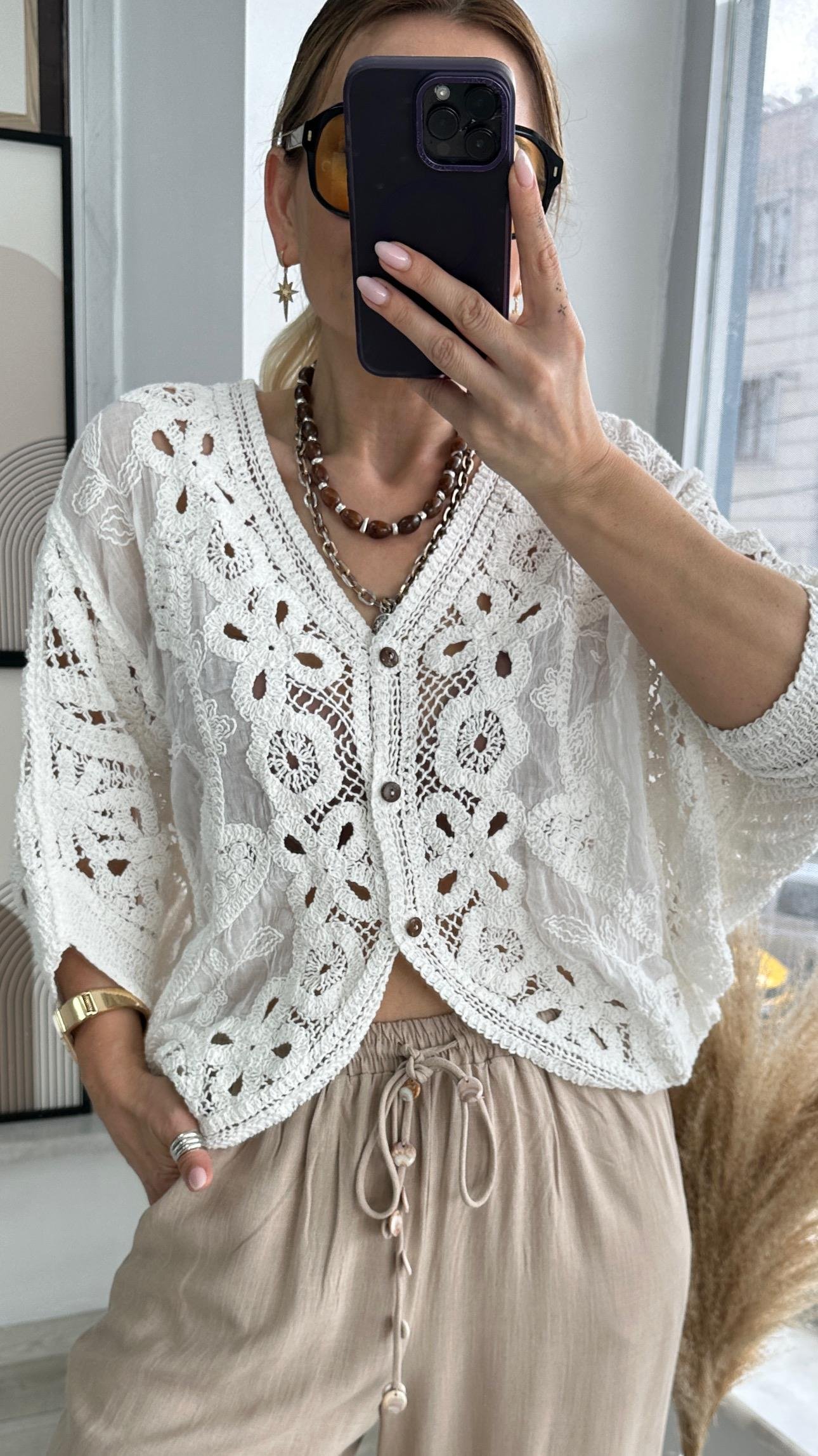 Beyaz Fisto Dantel Detaylı Kimono 