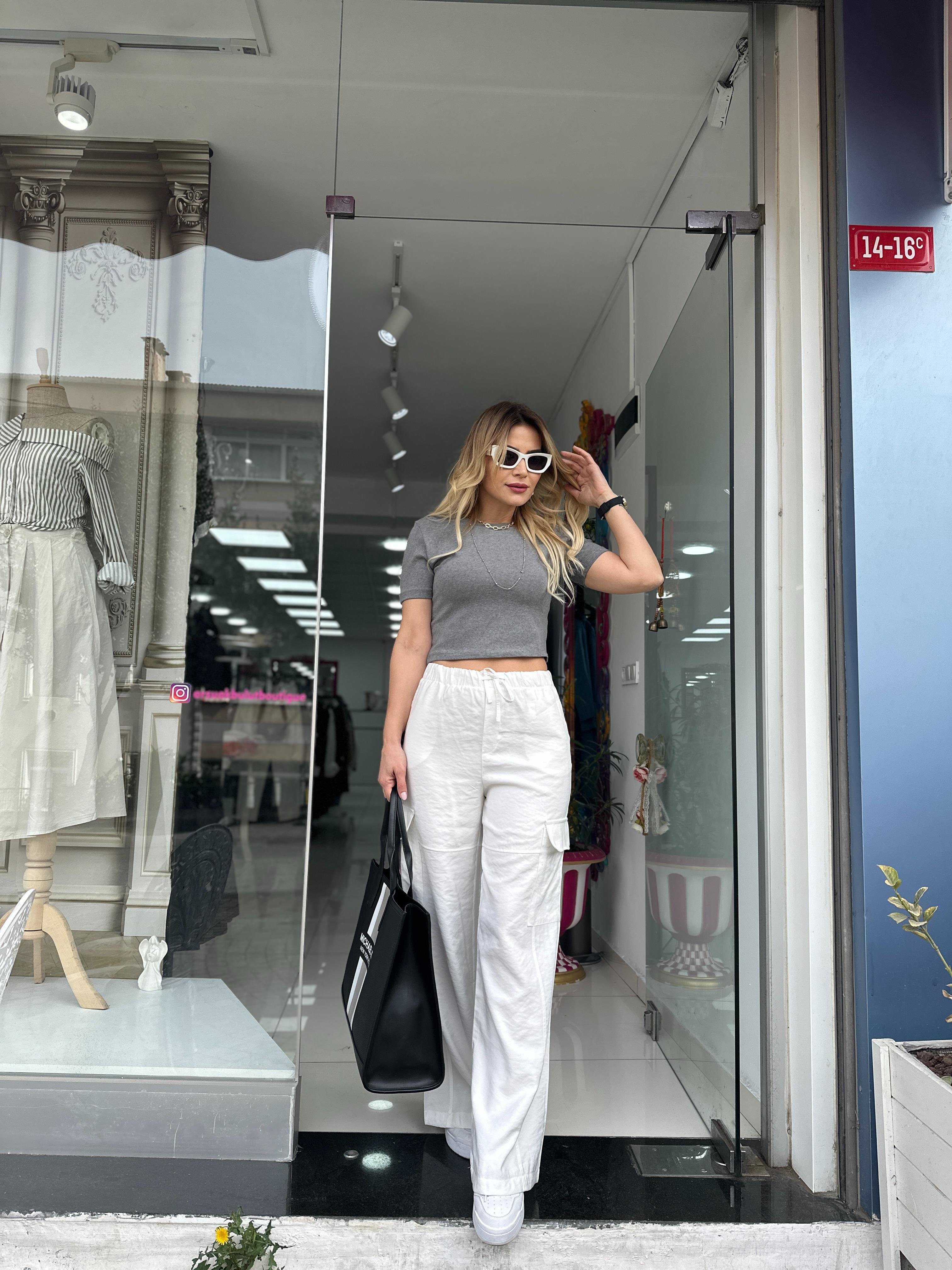 Beyaz Kargo Cep Dokuma Pantolon