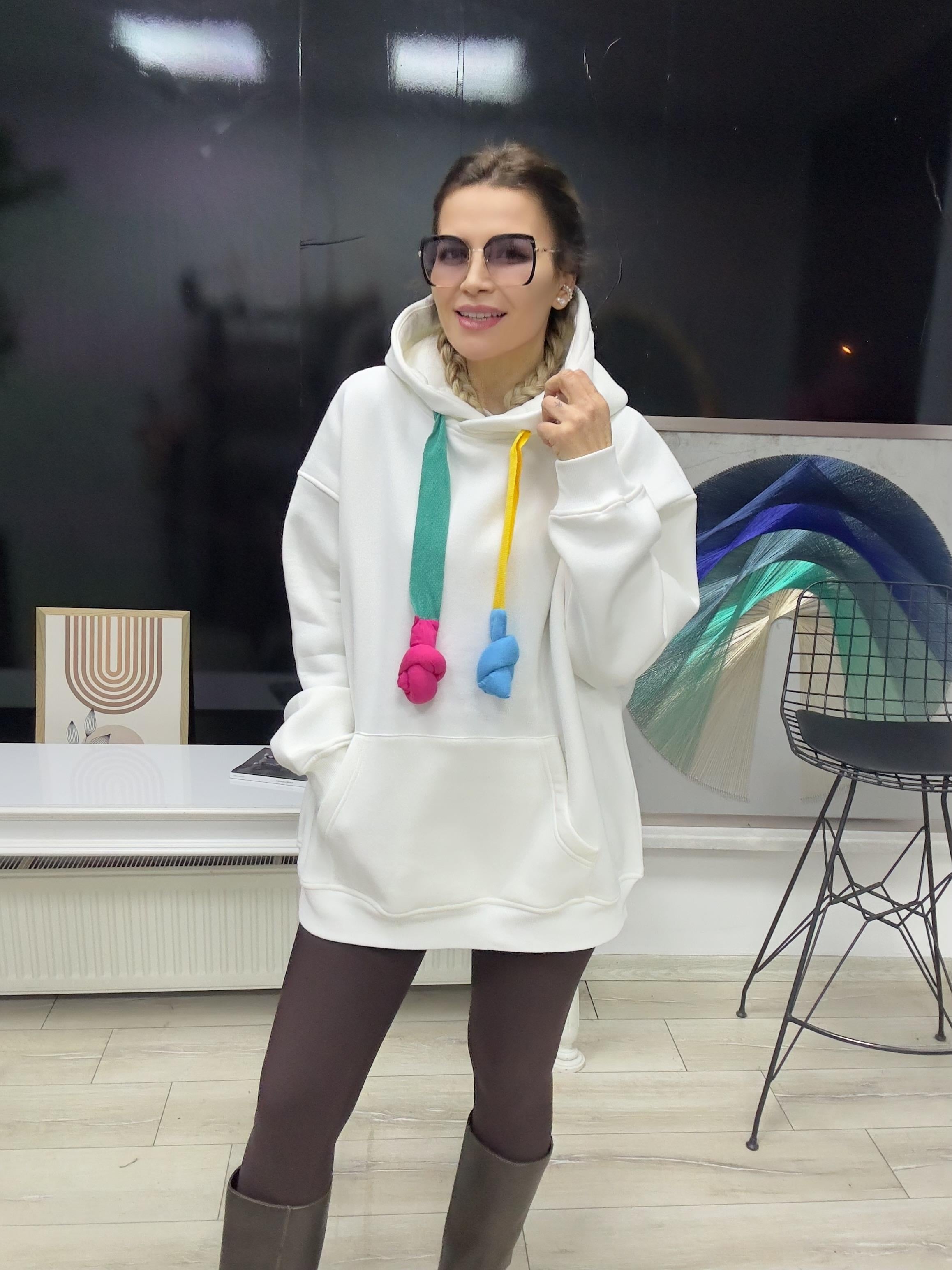 Beyaz Şardonlu Kapüşonlu Sweat