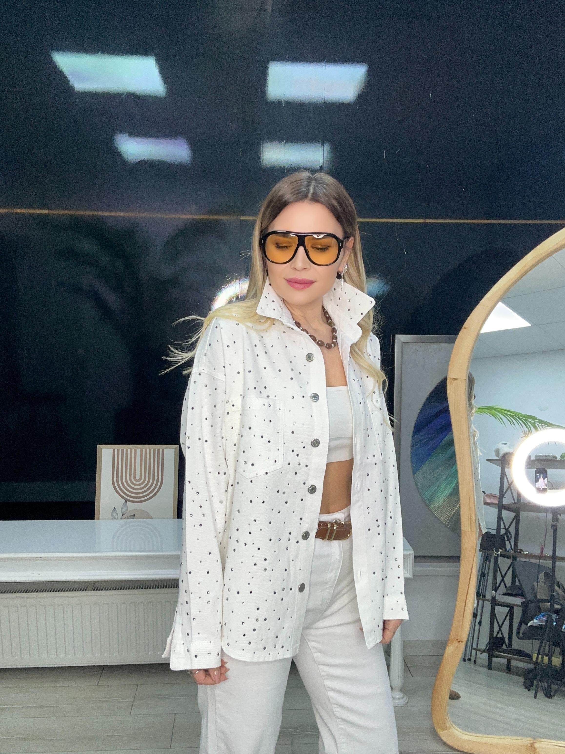 Beyaz Taş Detaylı Tensel Denim Ceket