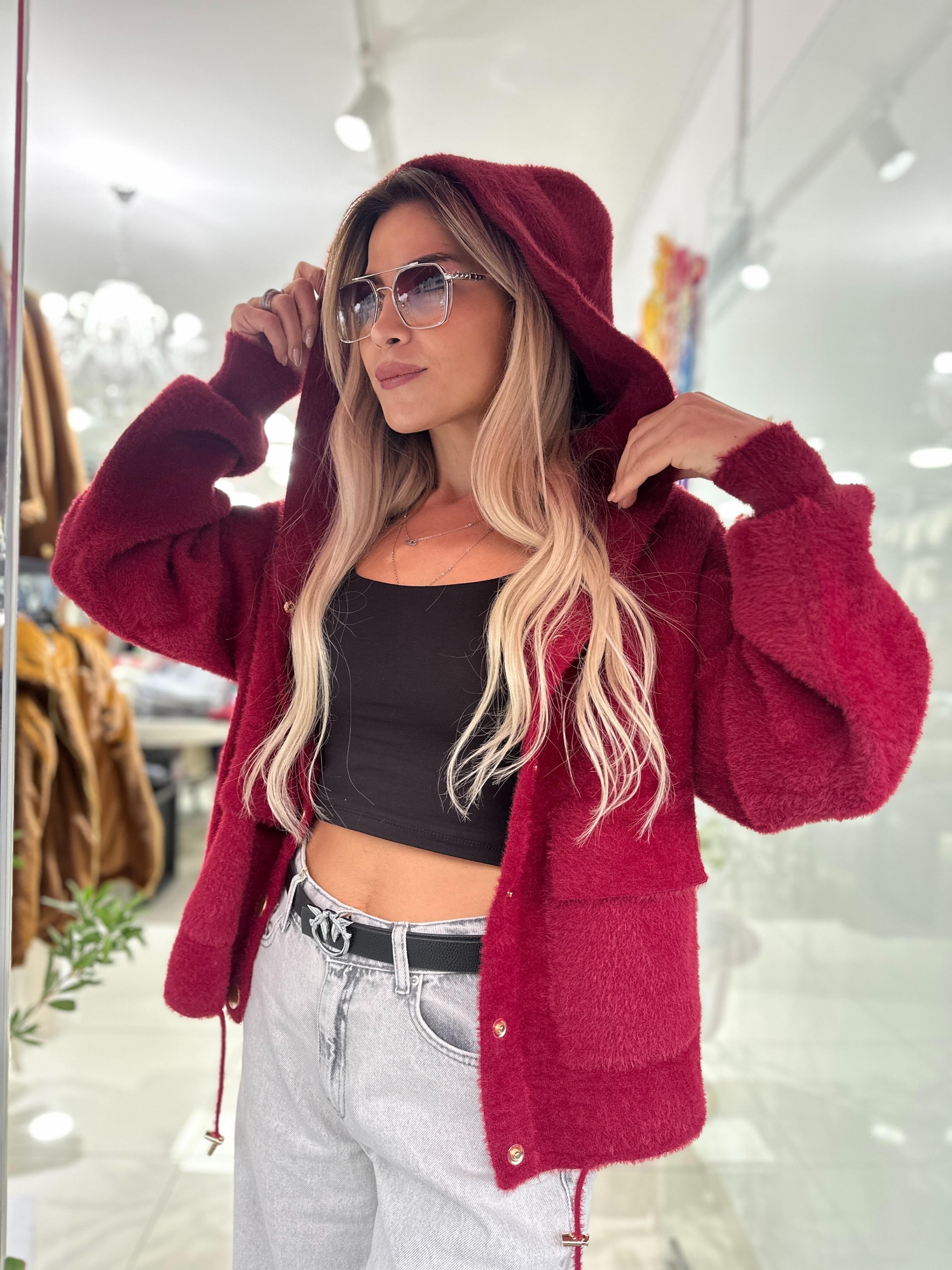 Bordo Angora Düğmeli Ceket 