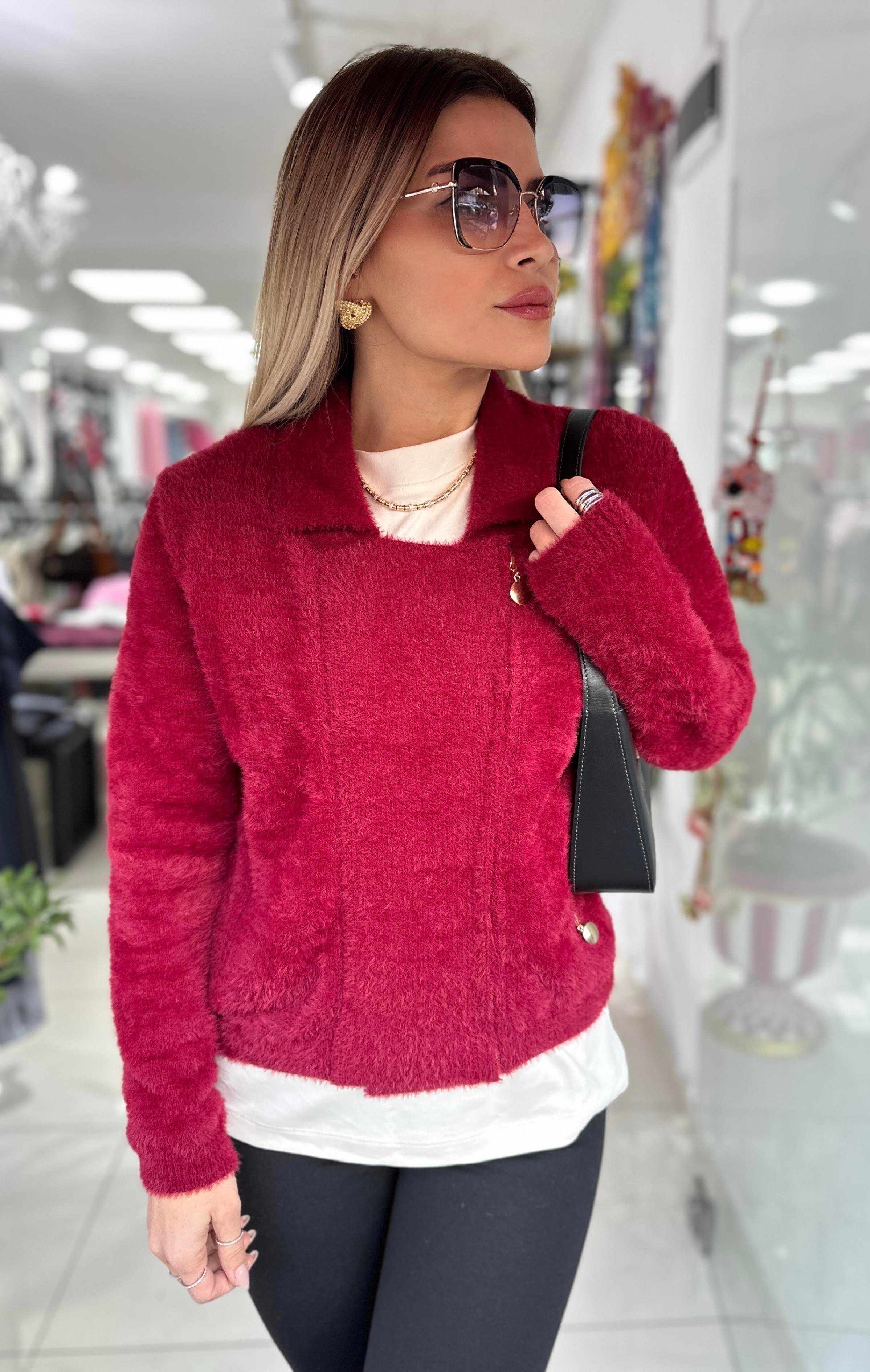 Bordo Angora Fermuarlı Gömlek Yaka Hırka 