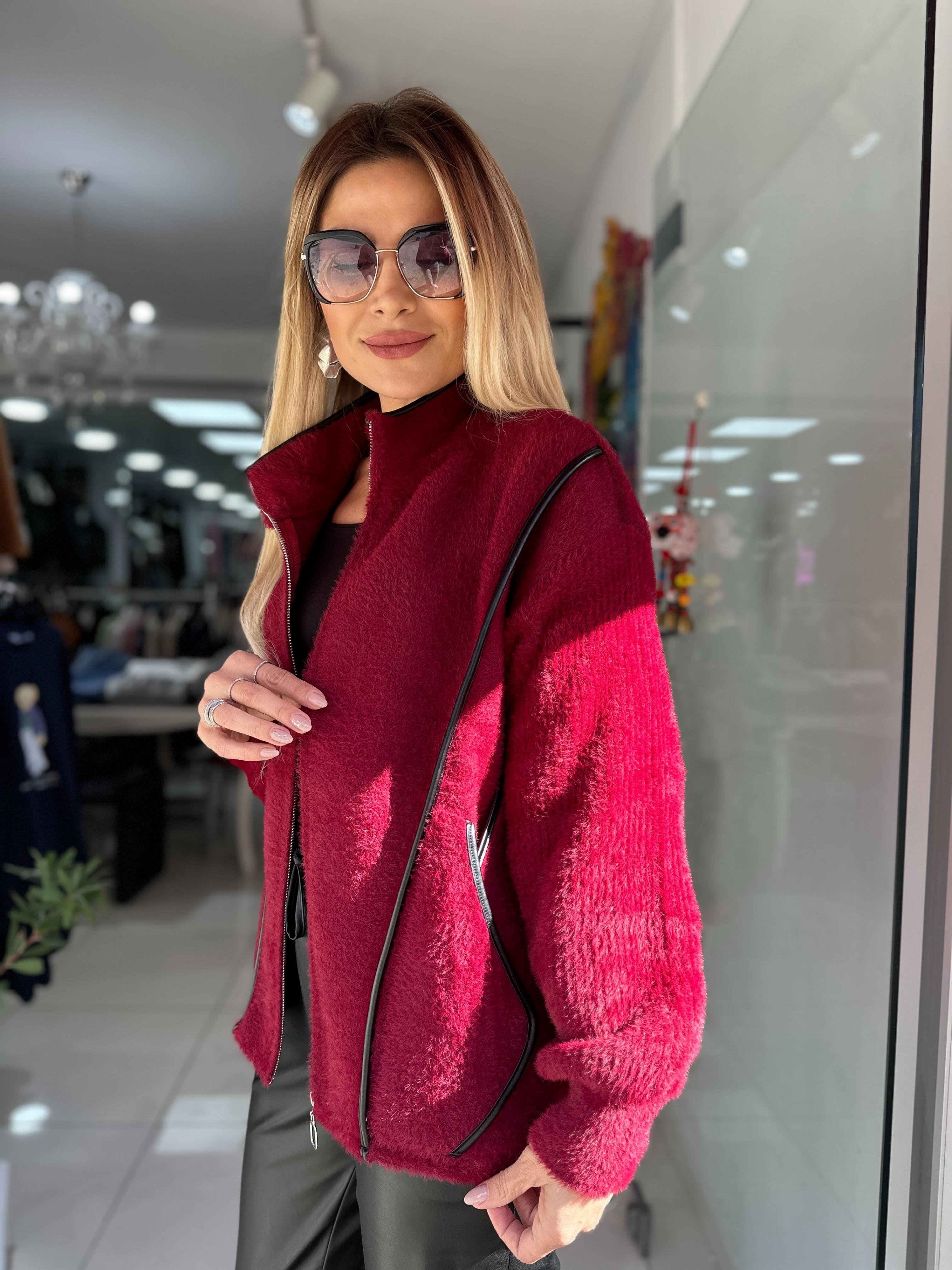 Bordo Angora Fermuarlı Yarım Balıkçı Ceket