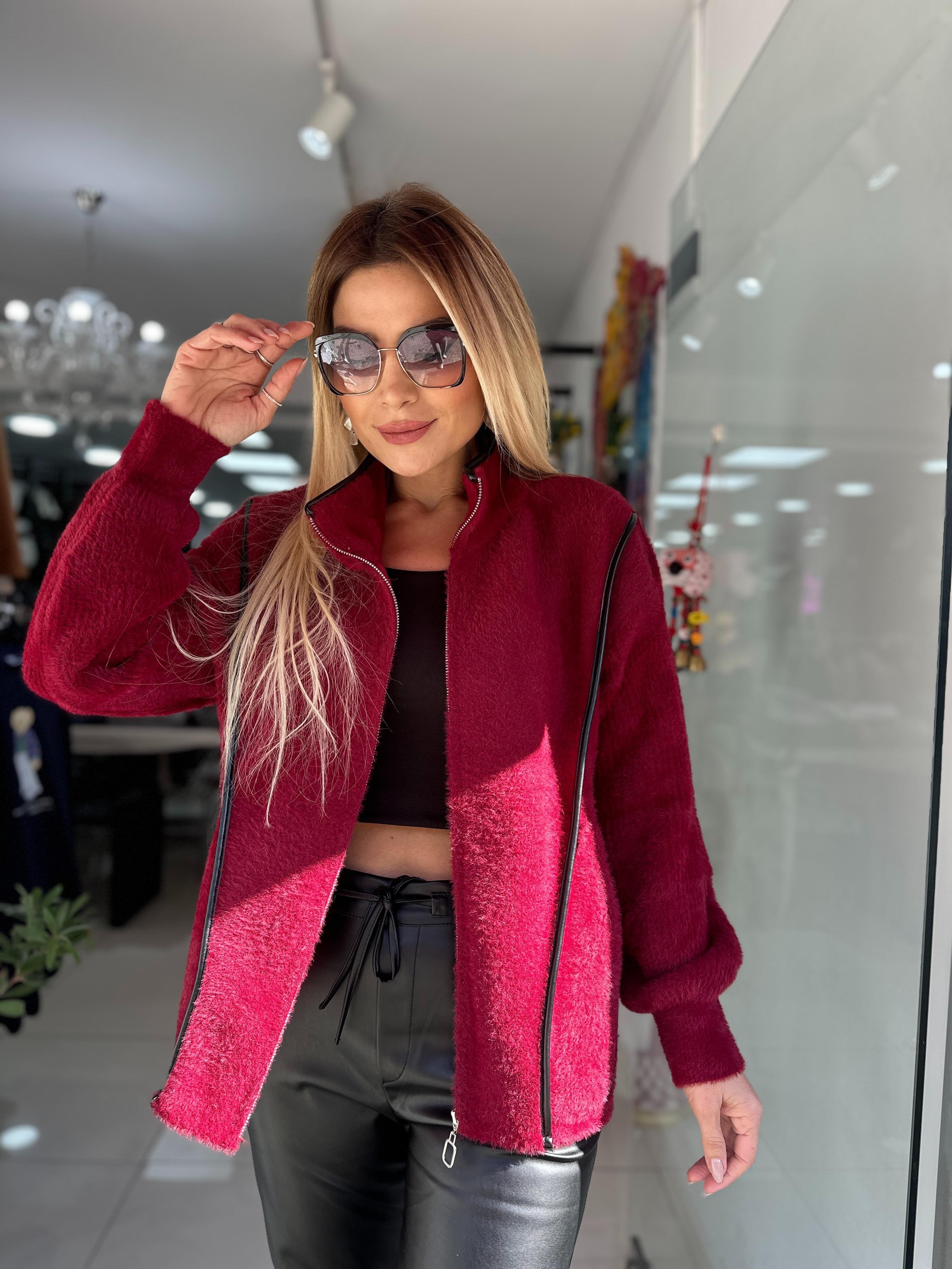 Bordo Angora Fermuarlı Yarım Balıkçı Ceket