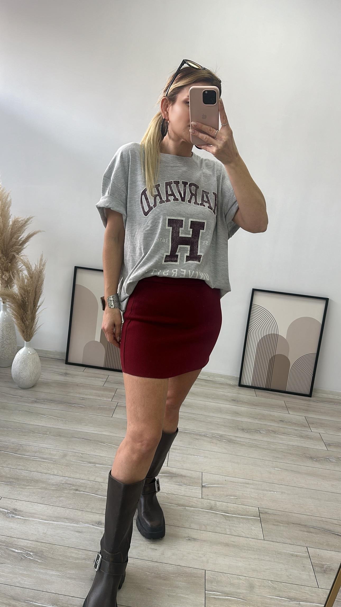 Bordo Beli Lastikli Triko Etek