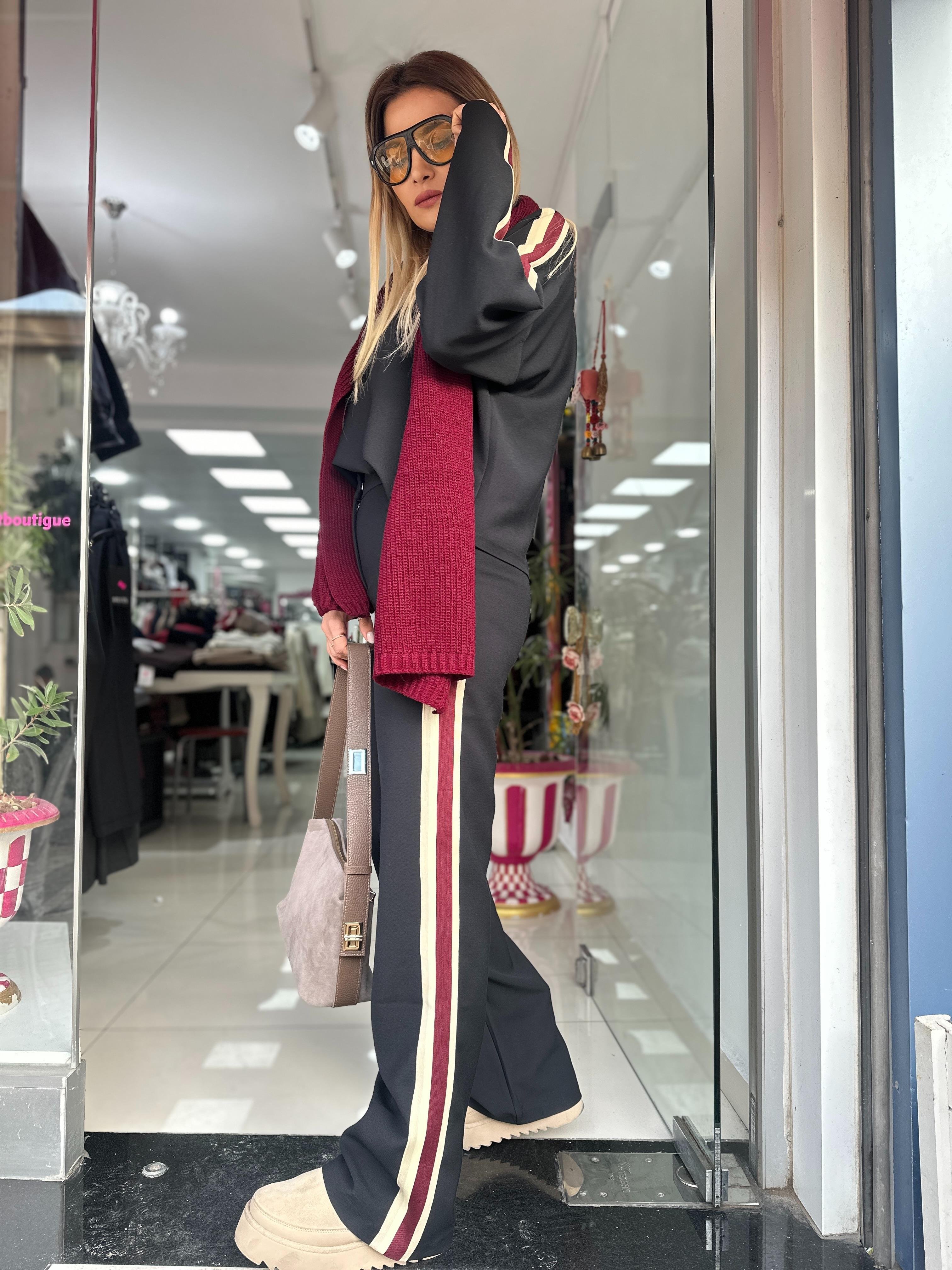 Bordo Krem Şeritli Takım 