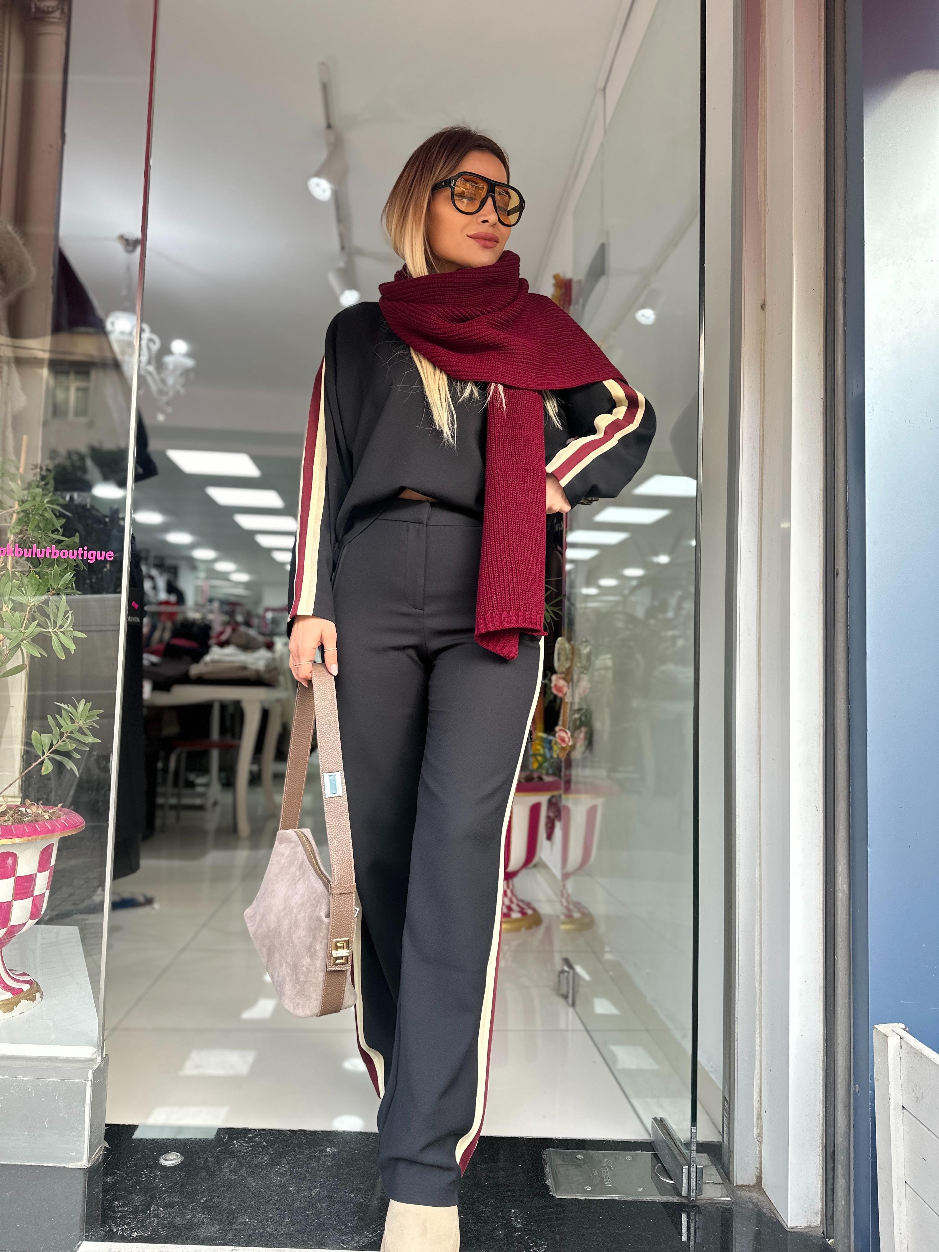 Bordo Krem Şeritli Takım 