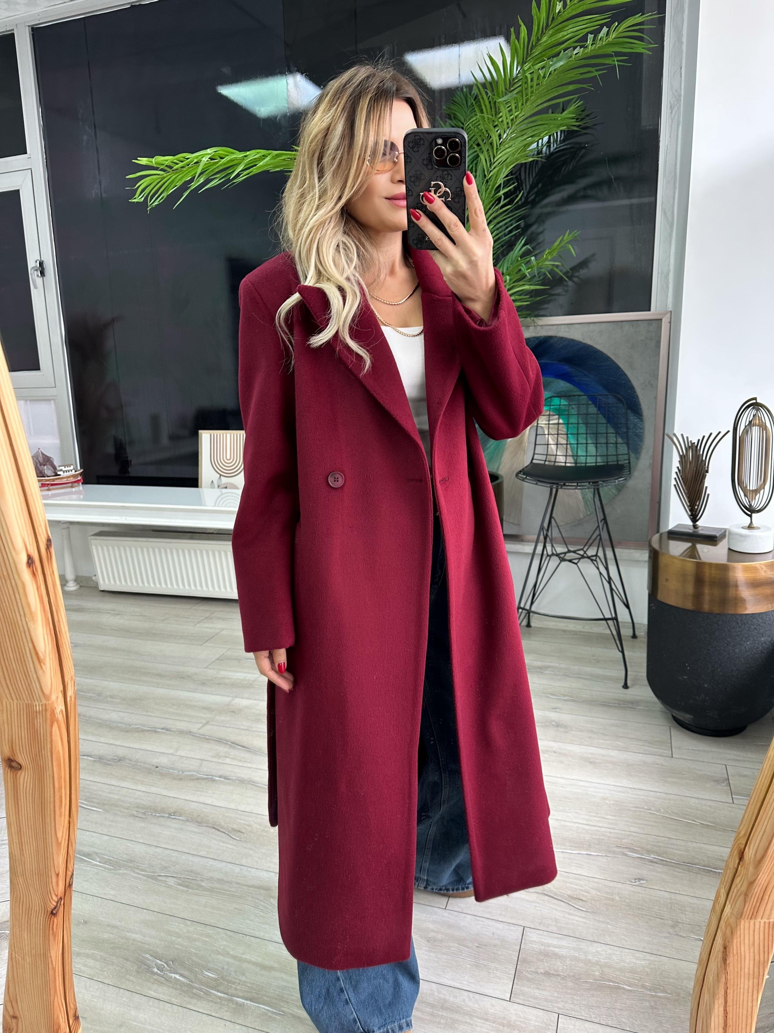 Bordo Kuşaklı Yünlü Kaşe Kaban 