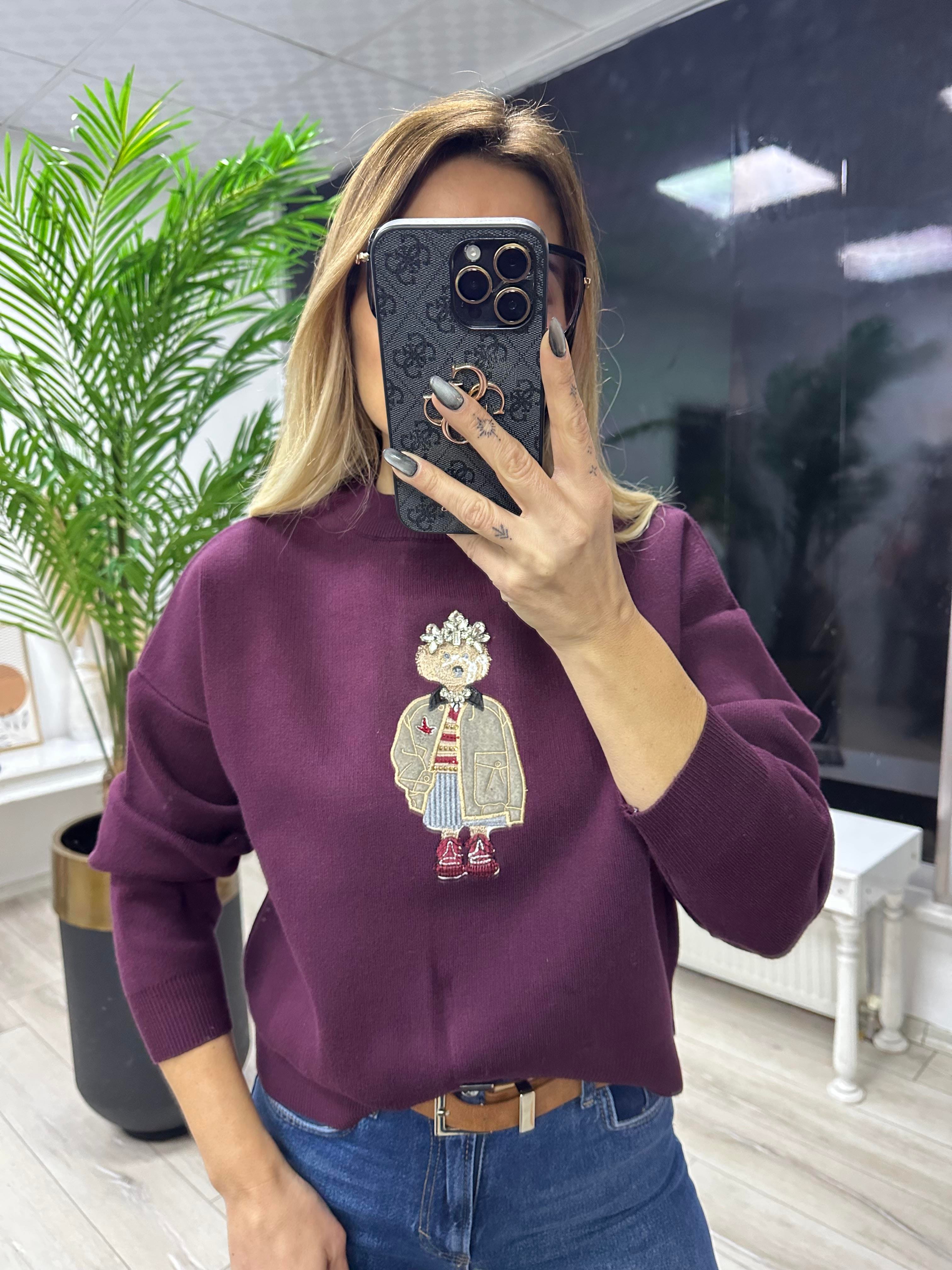 Bordo Nakışlı Taşlı Triko