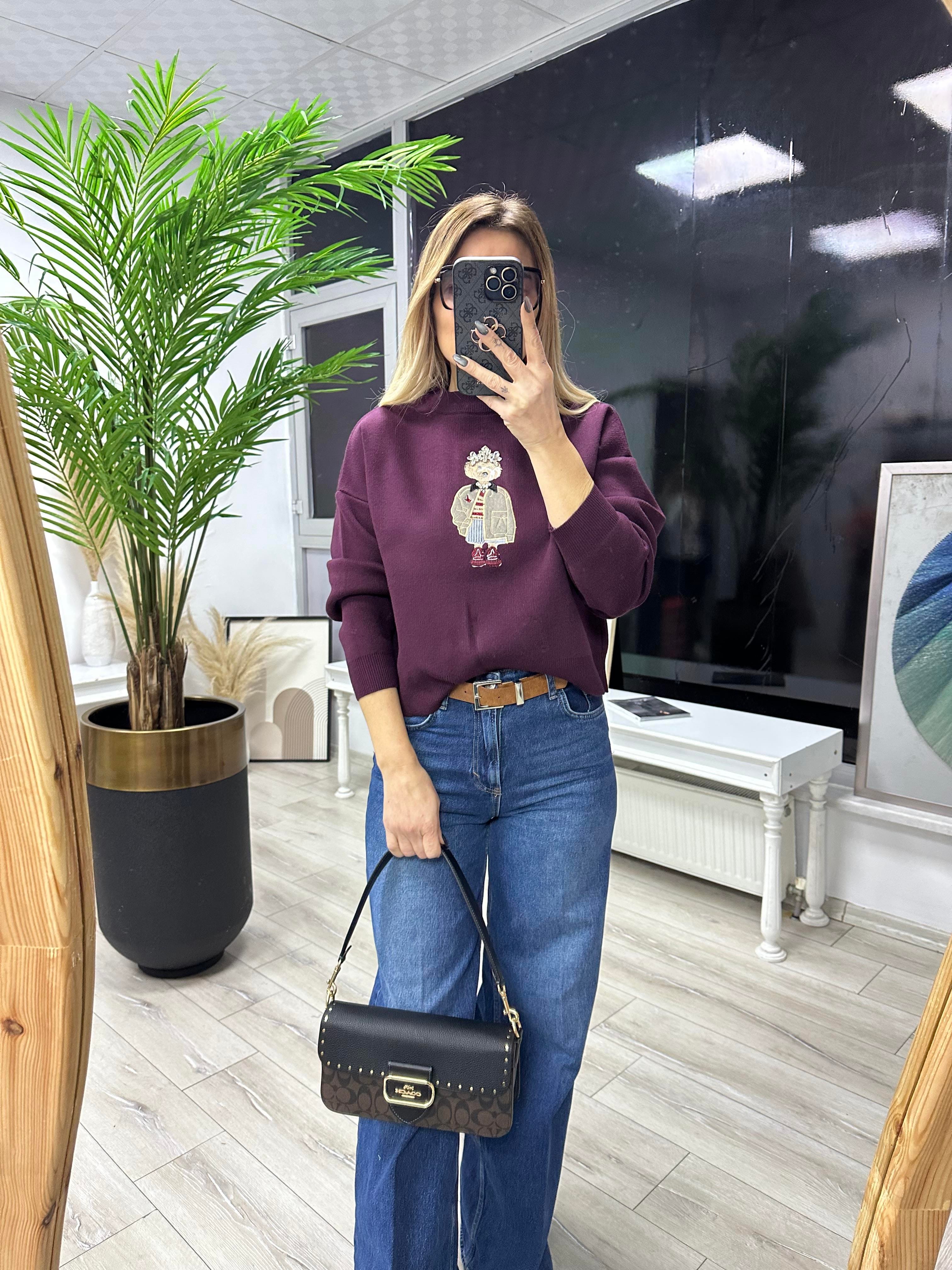 Bordo Nakışlı Taşlı Triko