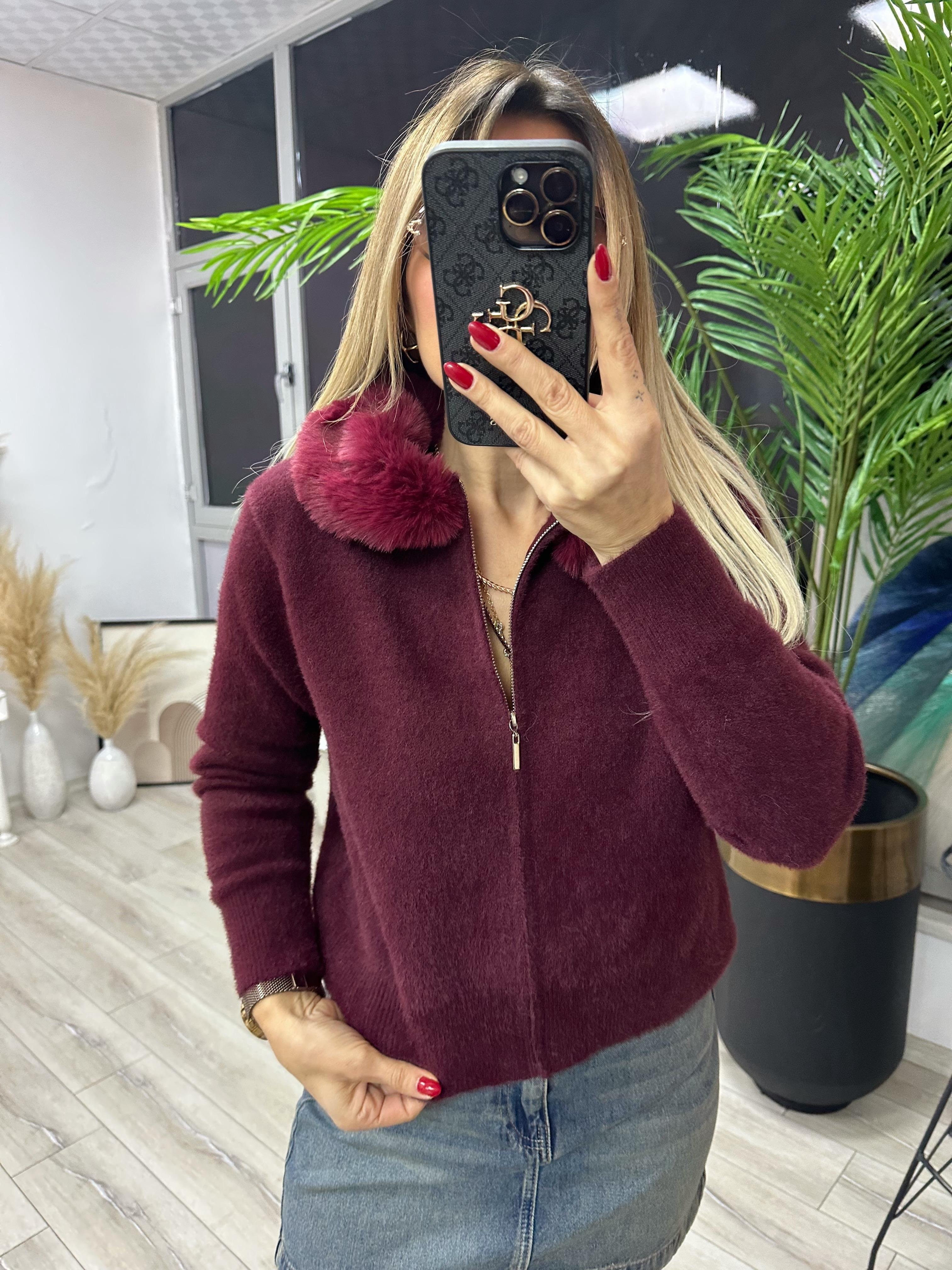 Bordo Yakası Kürklü Fermuarlı Ceket