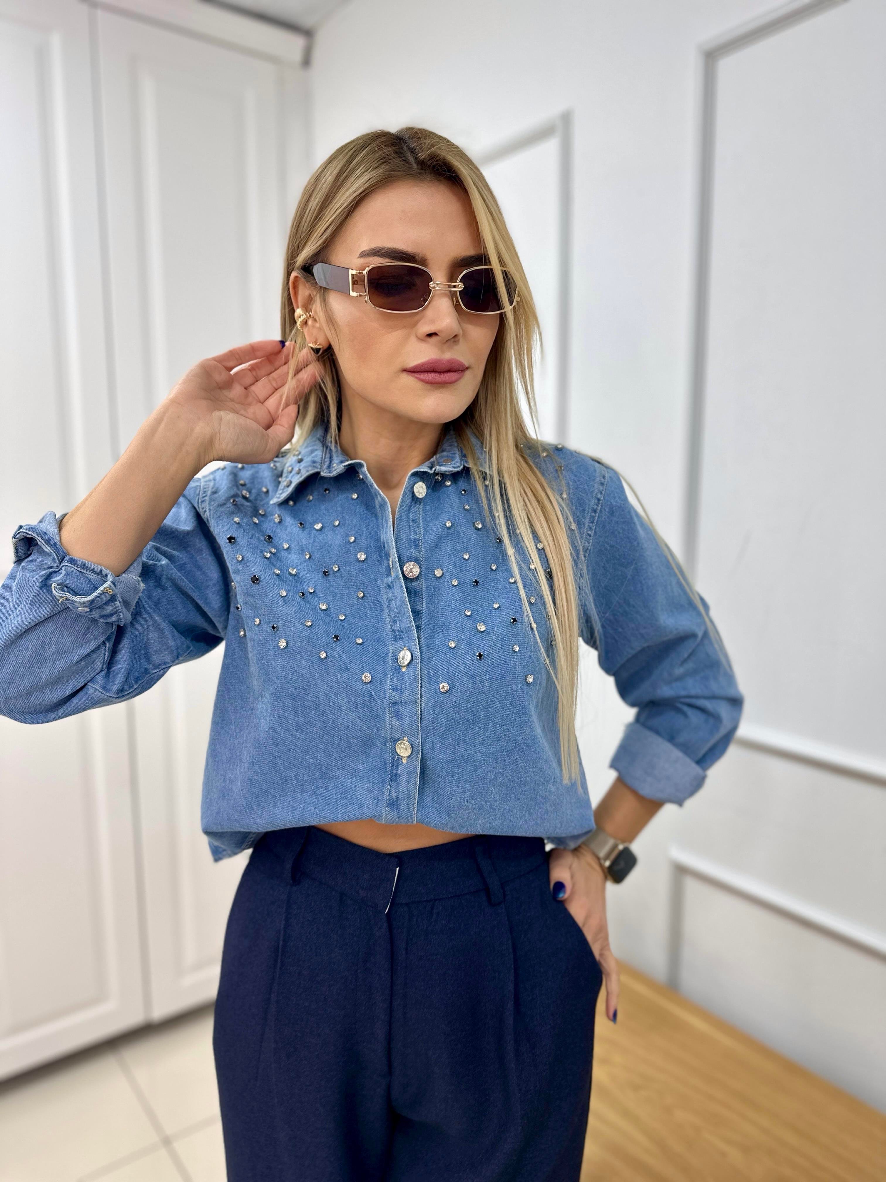 Denim Taşlı Kısa Kot Gömlek 