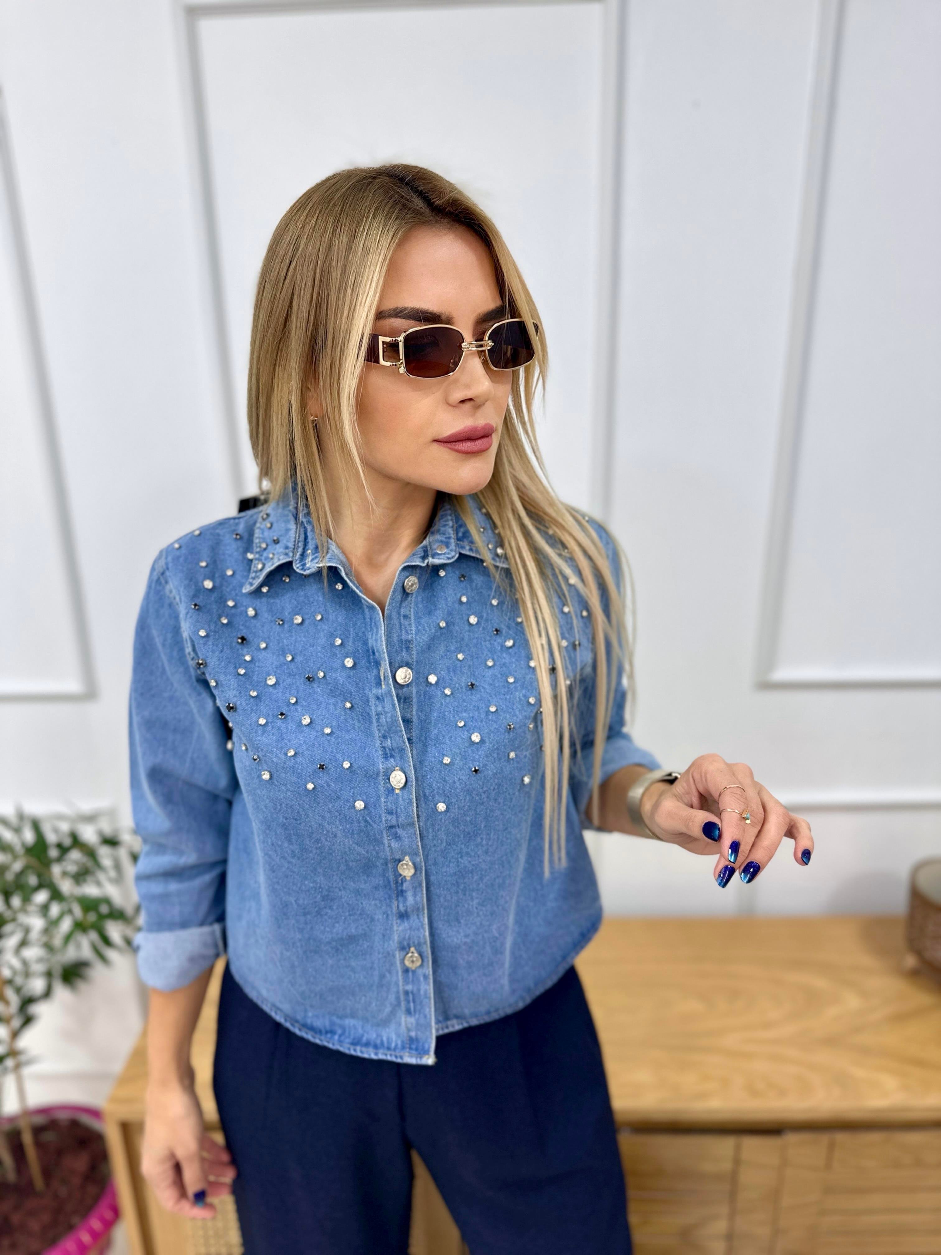 Denim Taşlı Kısa Kot Gömlek 