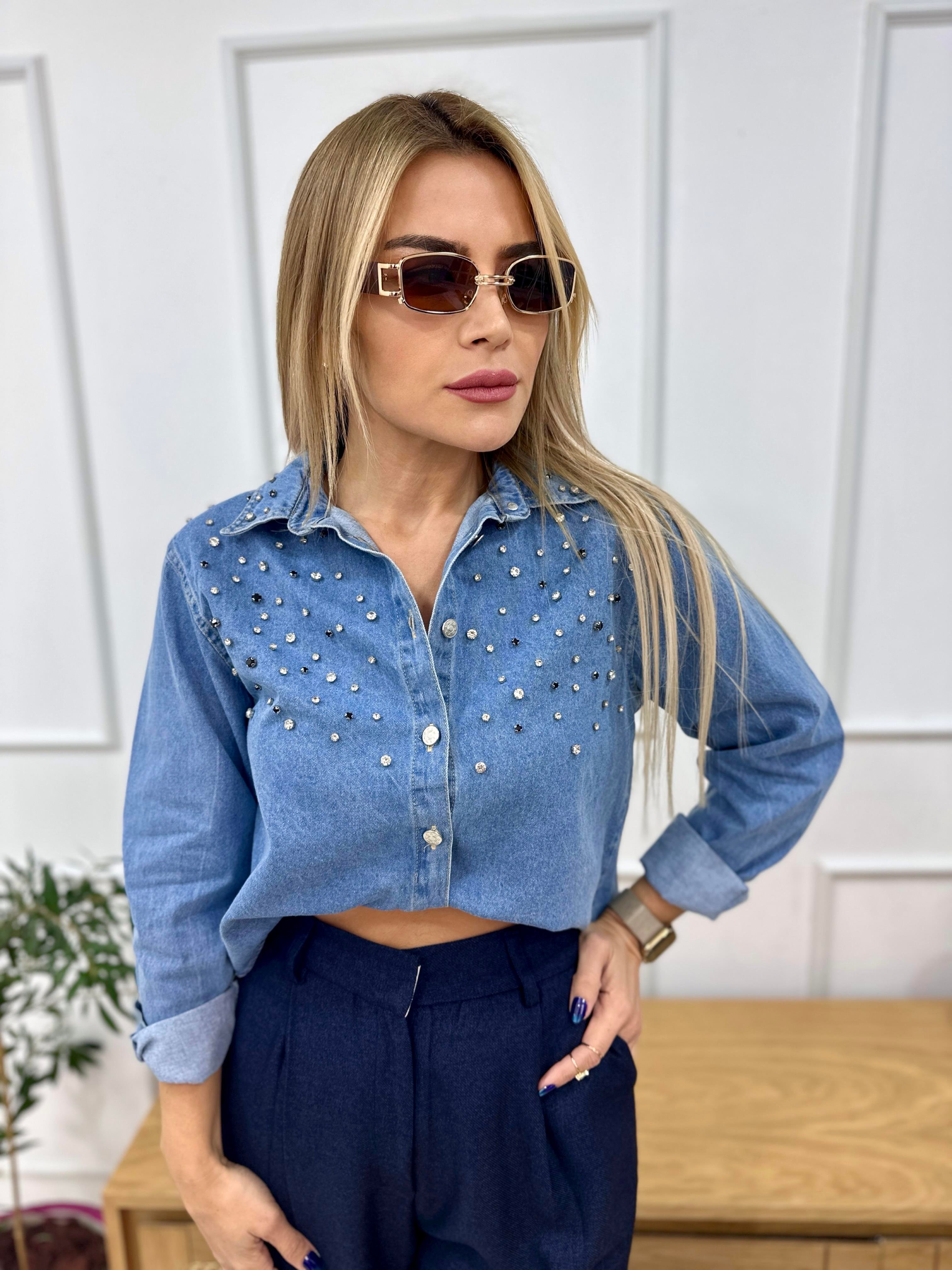 Denim Taşlı Kısa Kot Gömlek 
