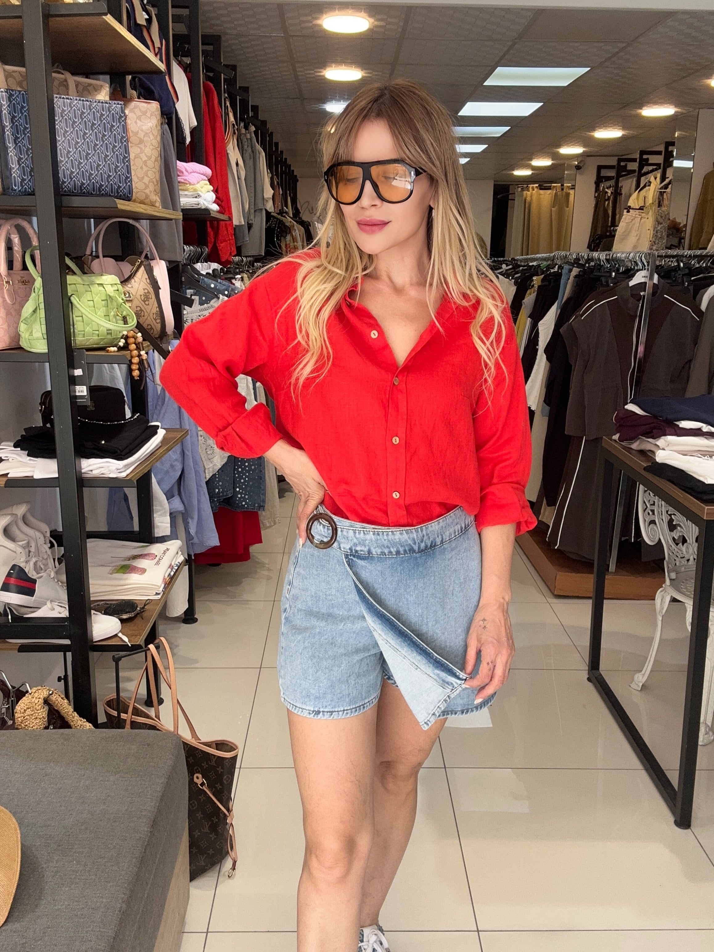 Denim Toka Detaylı Şort-Etek