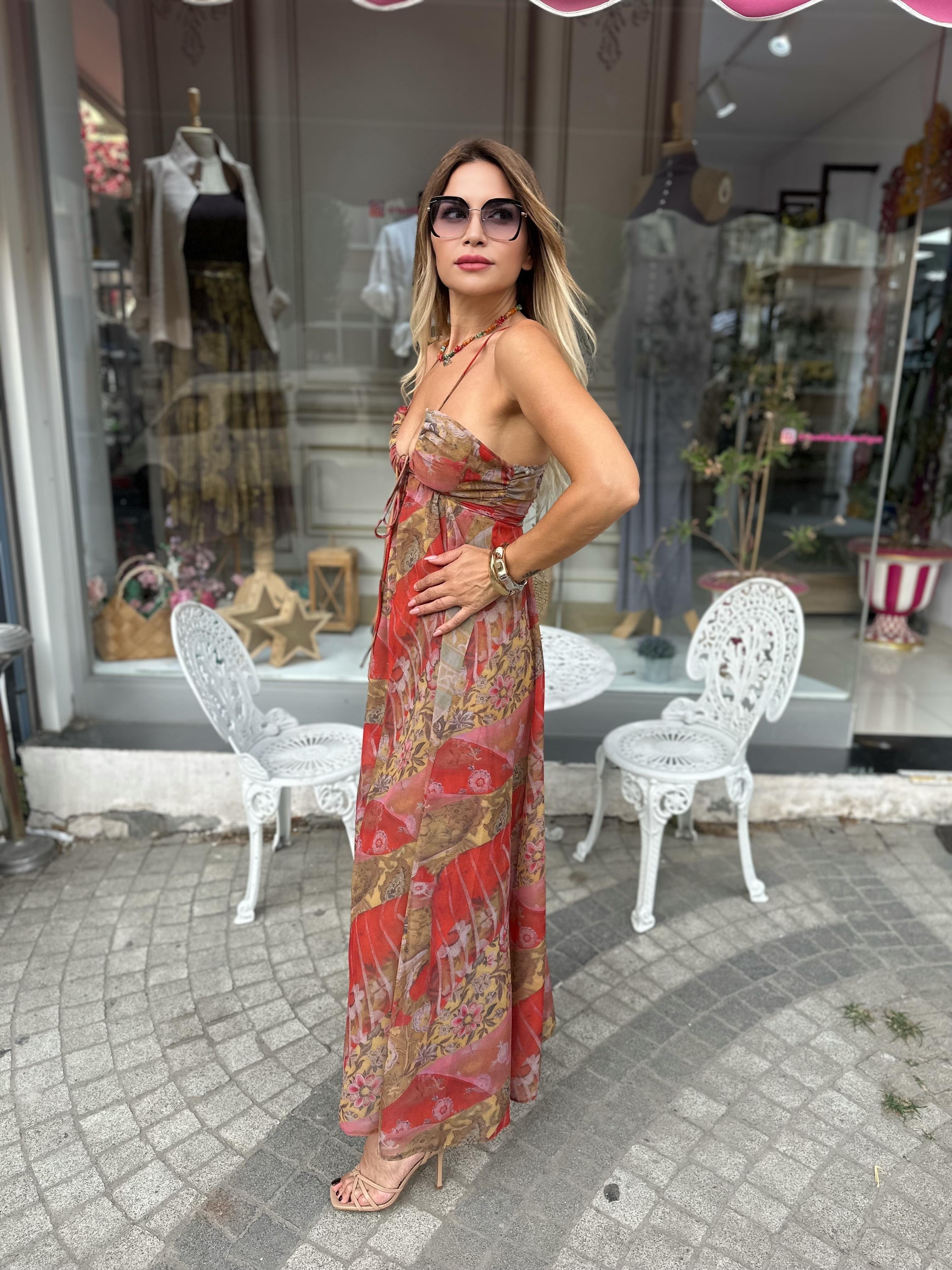 Desenli Askılı Şifon Elbise