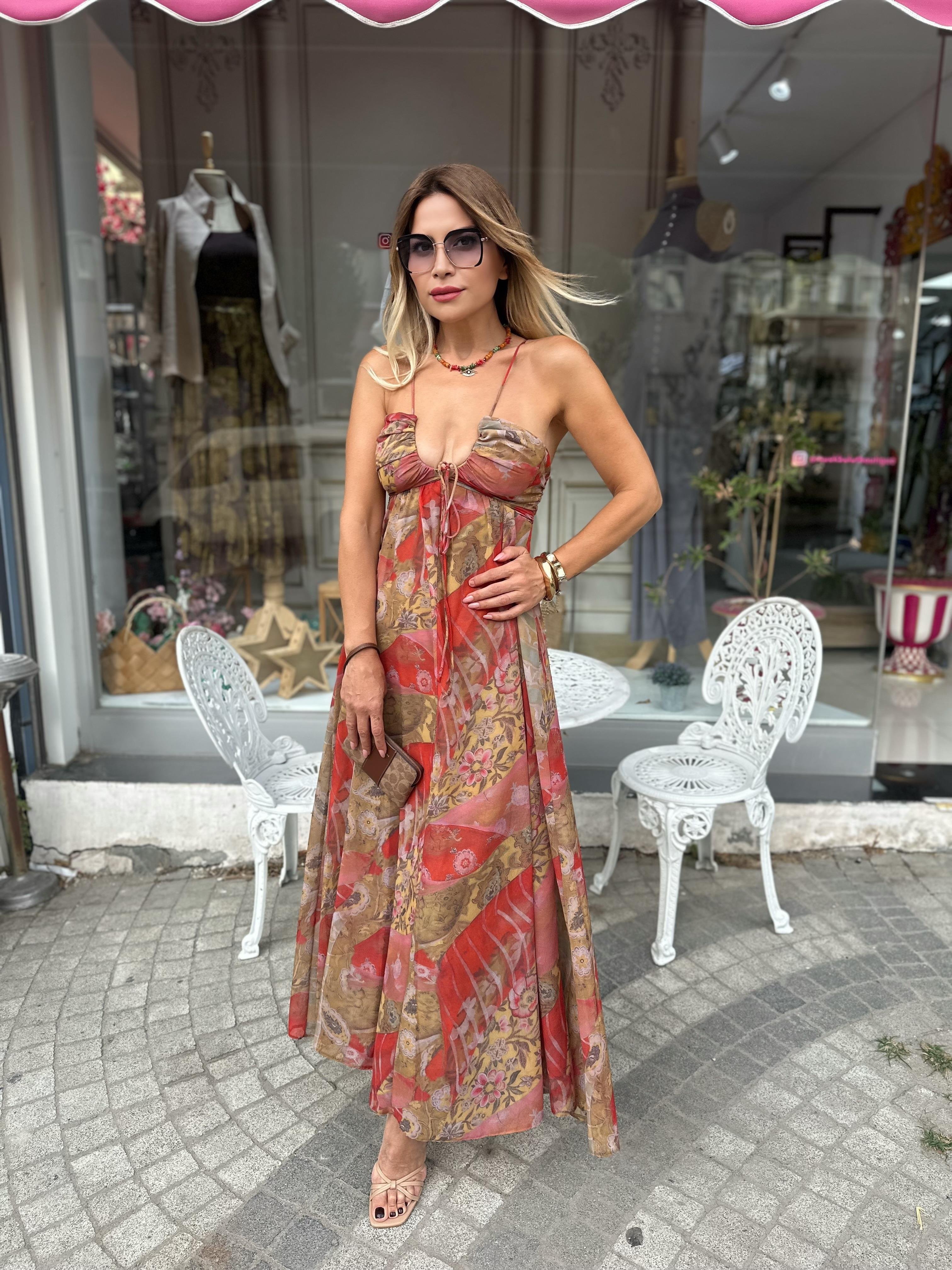 Desenli Askılı Şifon Elbise