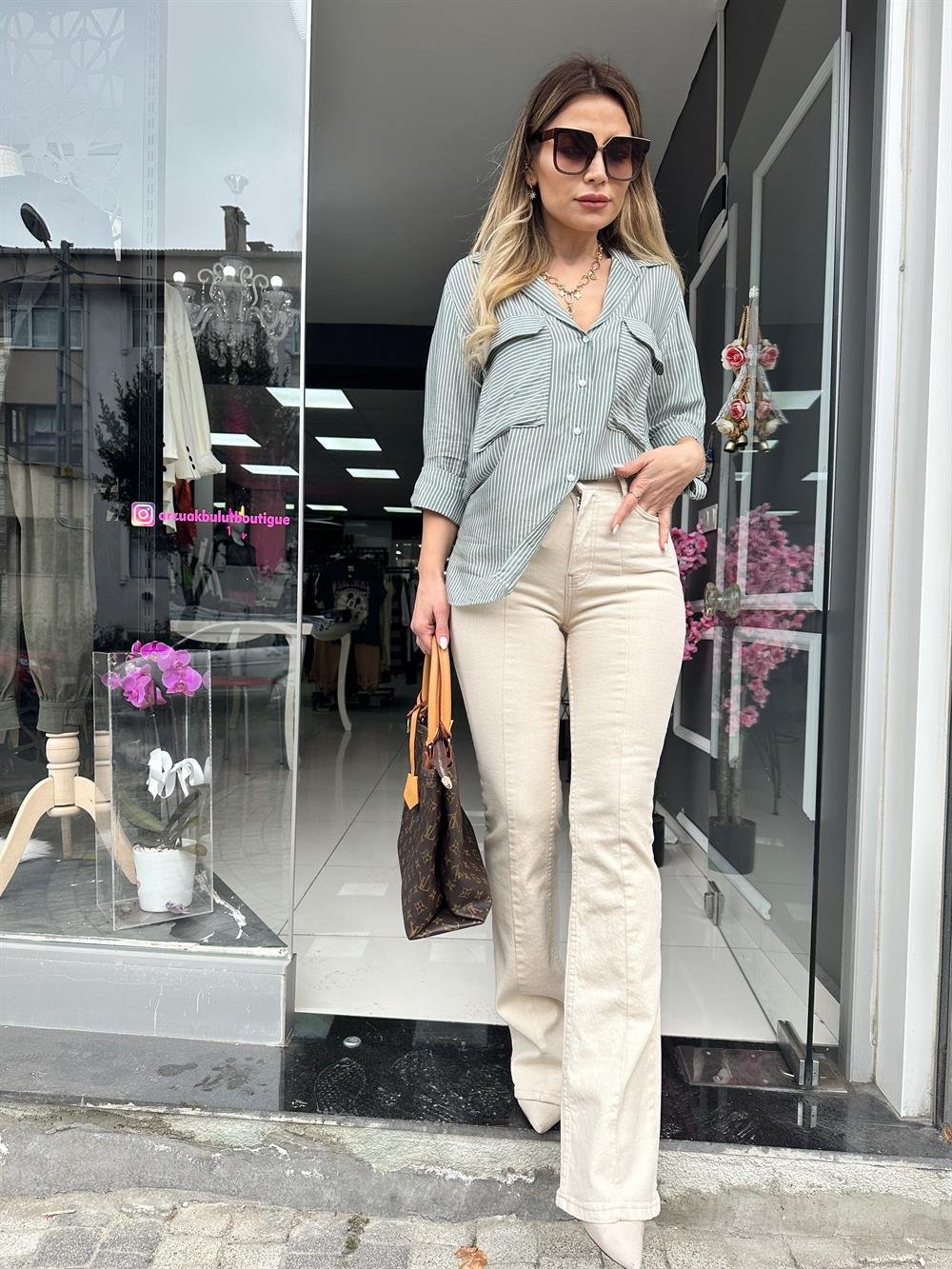 DLV Ekru Önü Parçalı Flare Pantolon 