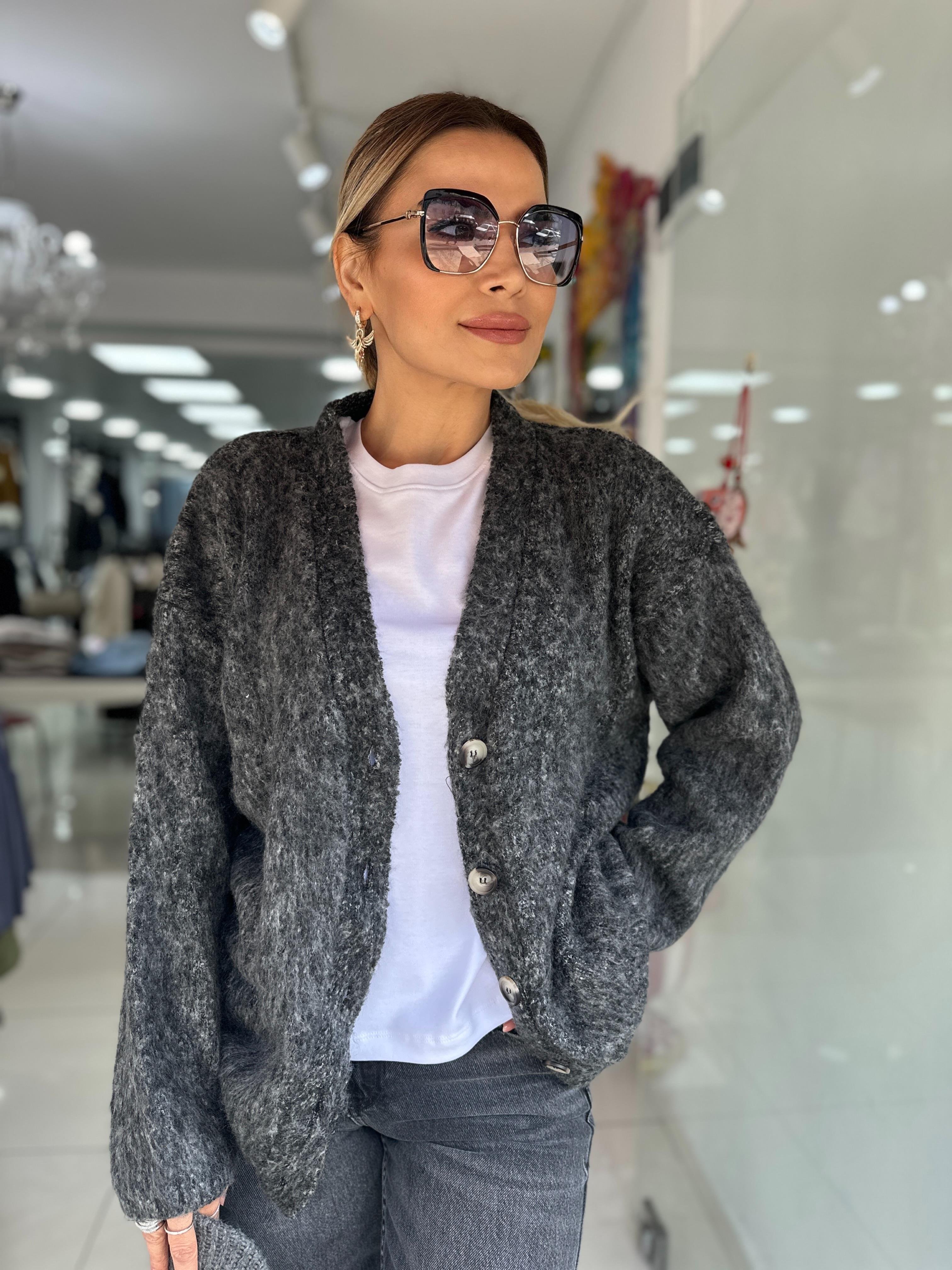 DLV Gri V Yaka Şardonlu Düğmeli Triko Hırka 