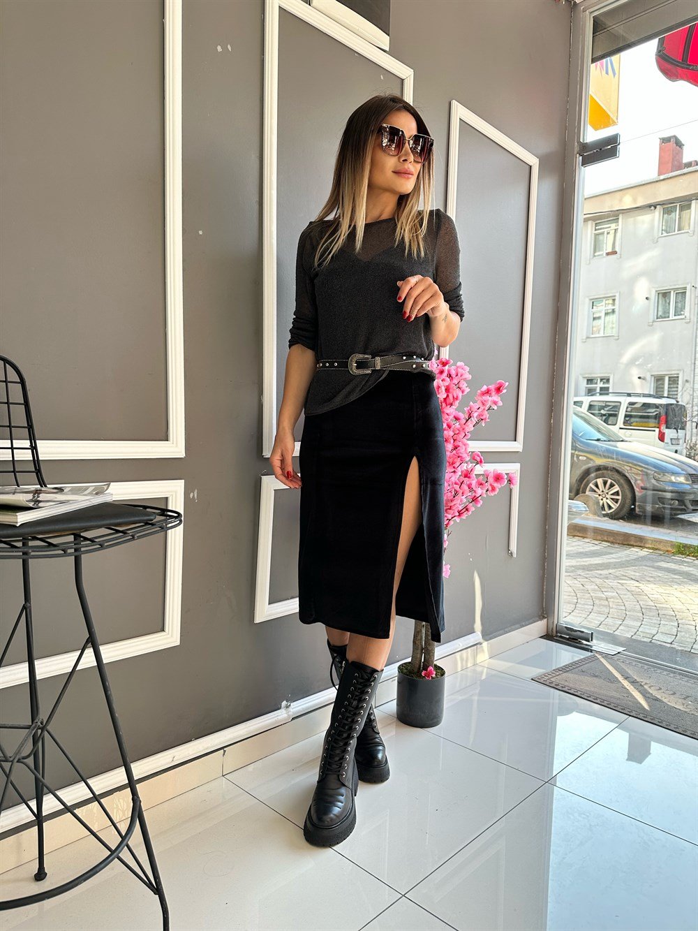 DLV Midi Boy Siyah Kadife Elbise