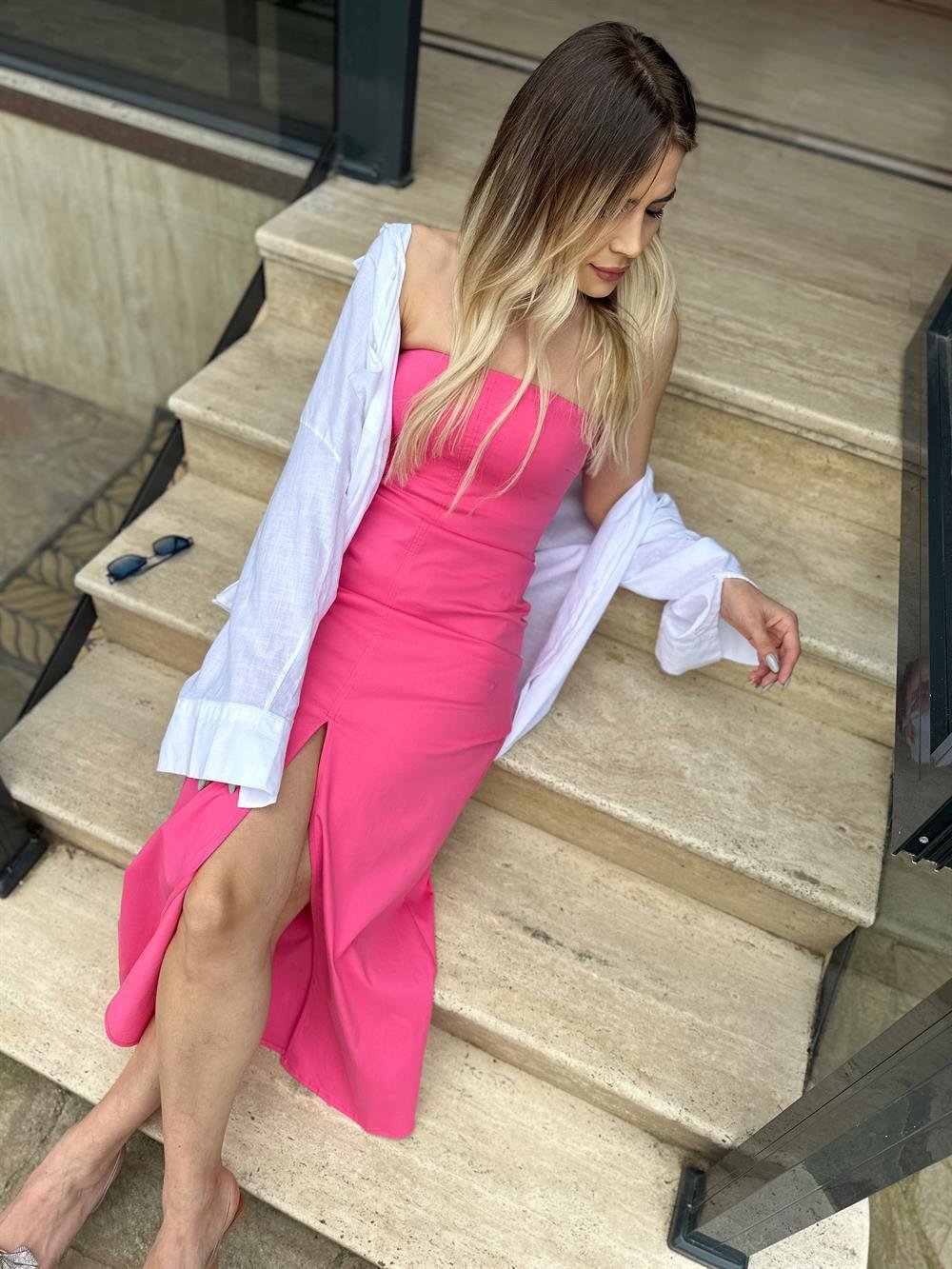DLV Pembe Straplez Önden Yırtmaclı Elbise