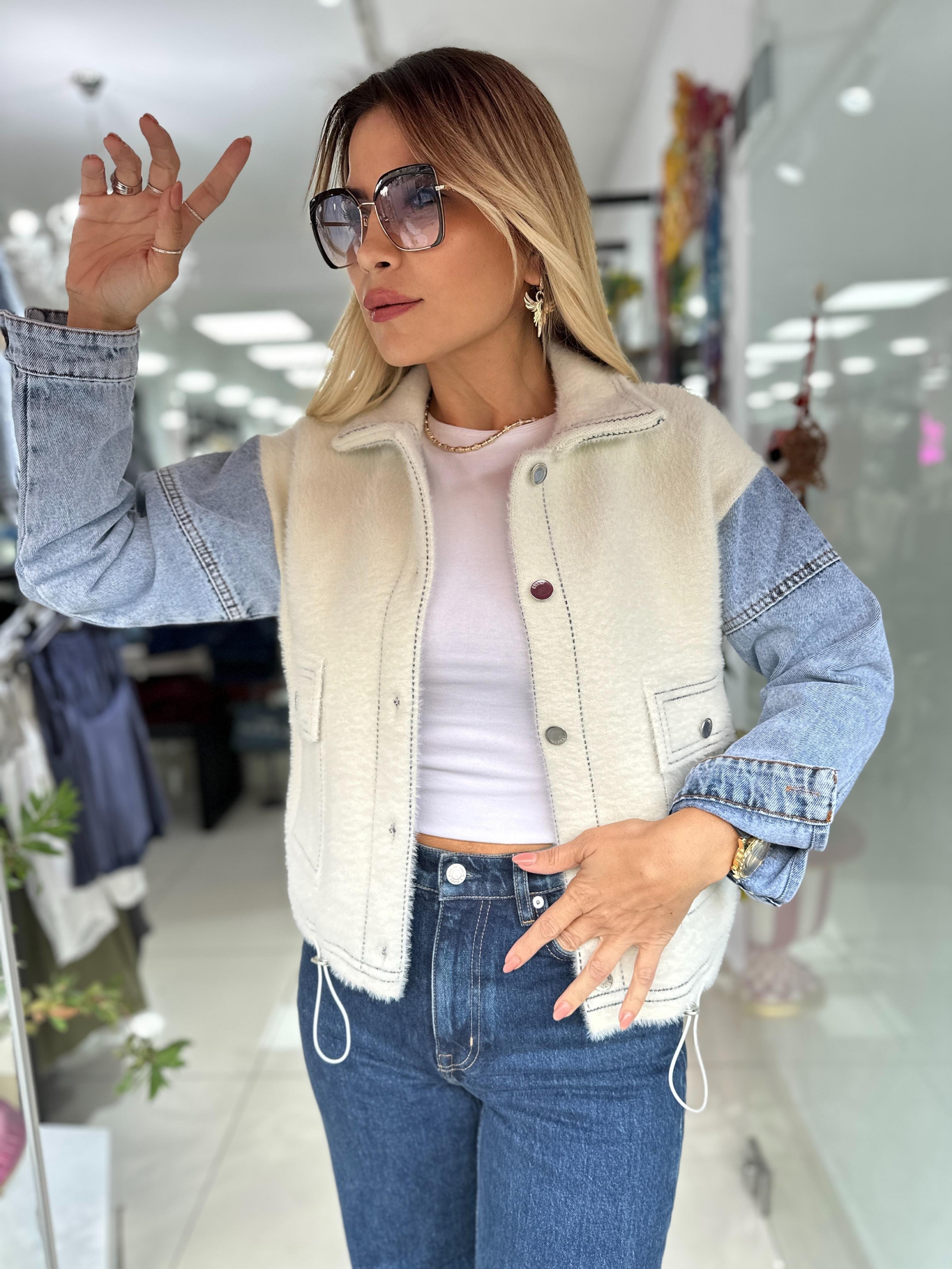 Ekru Jean Geçişli Angora Ceket