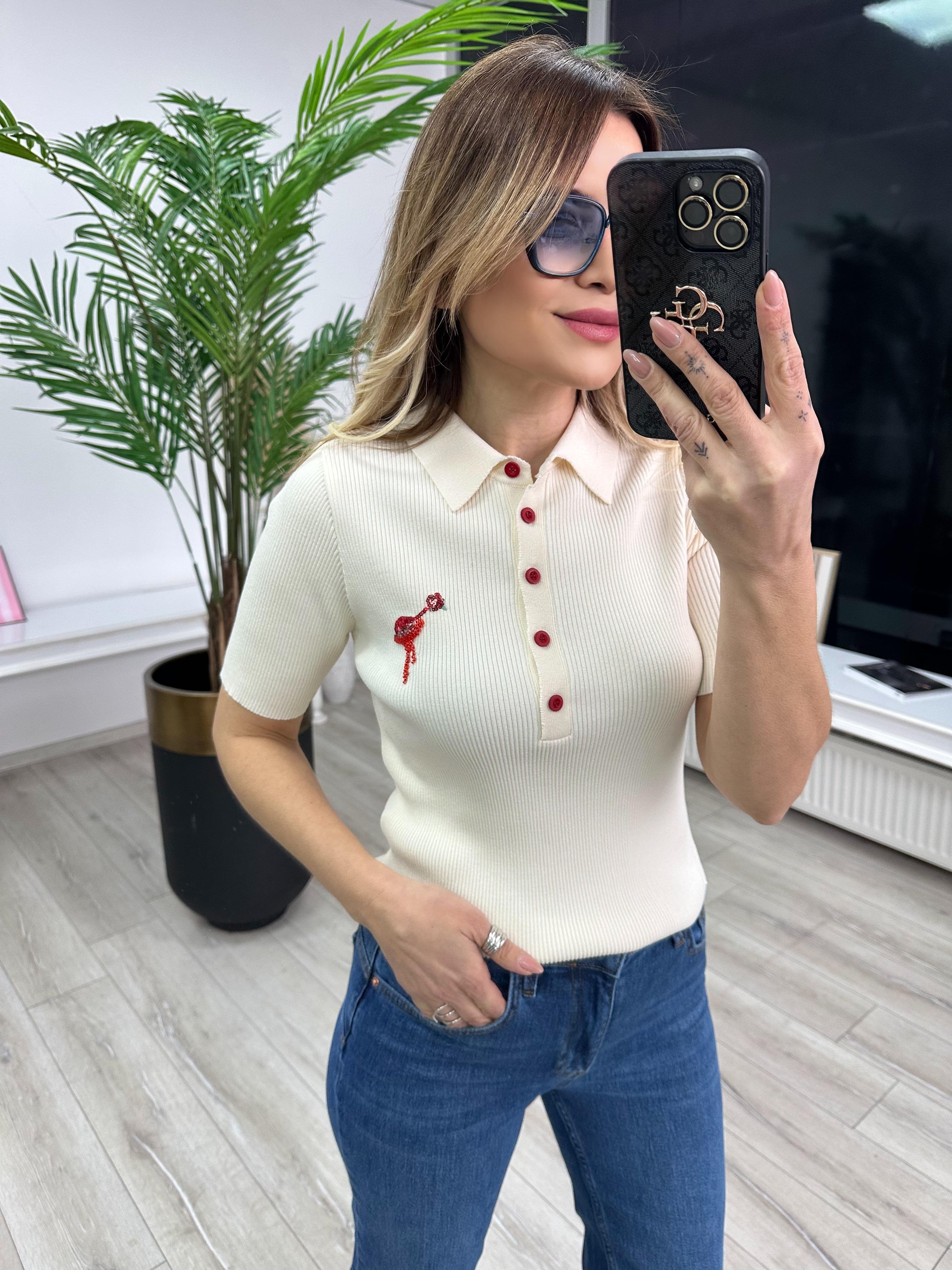 Ekru Pera Rayon Pullu Boncuklu Gömlek Yaka Triko