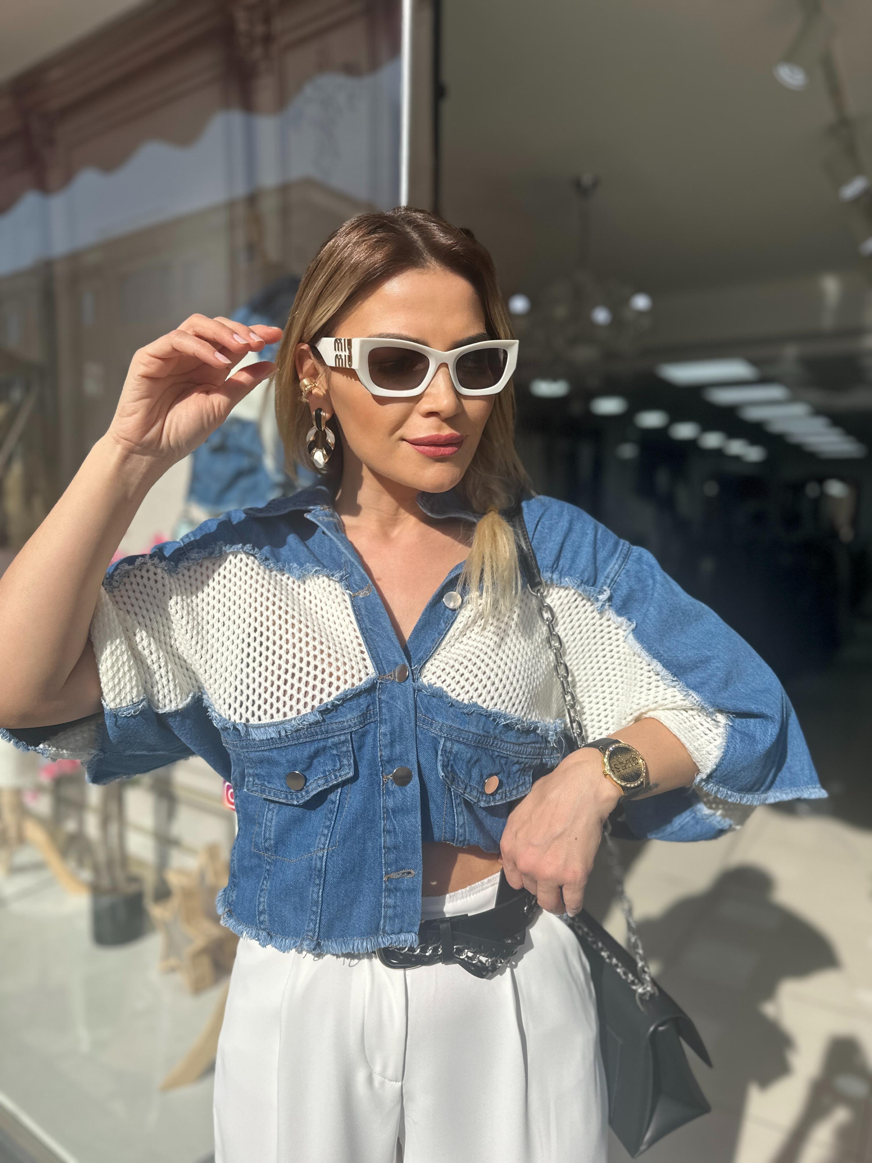 Ekru Triko Detaylı Denim Ceket 