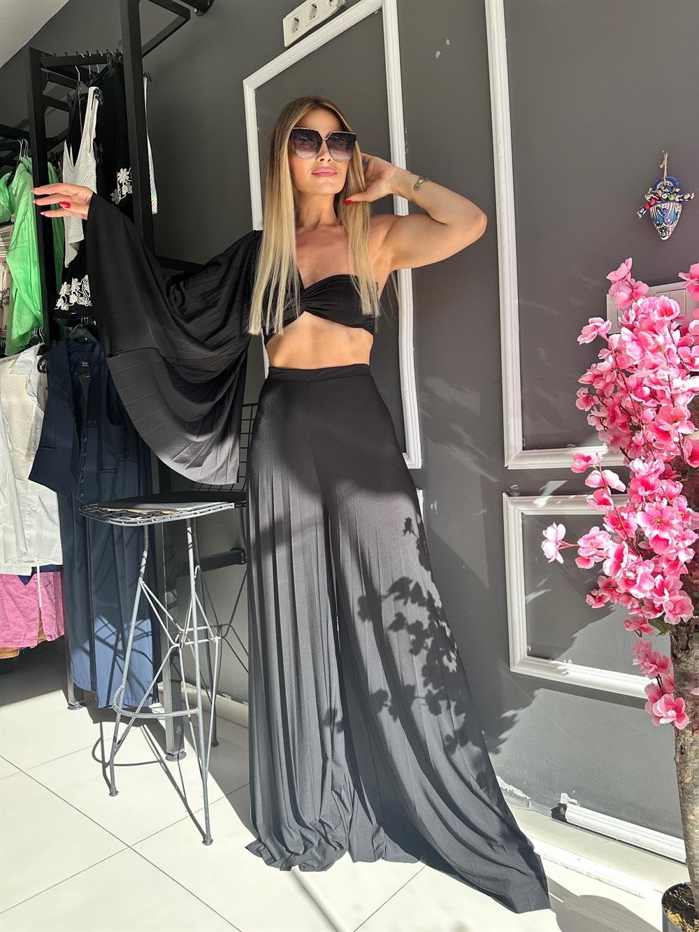 FC Siyah Crop Palazzo Pantolon Takım