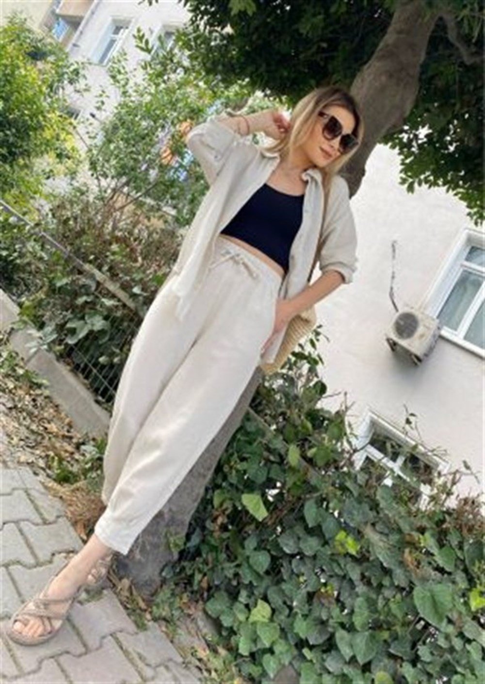 FL Ekru Keten Pantolonlu Takım