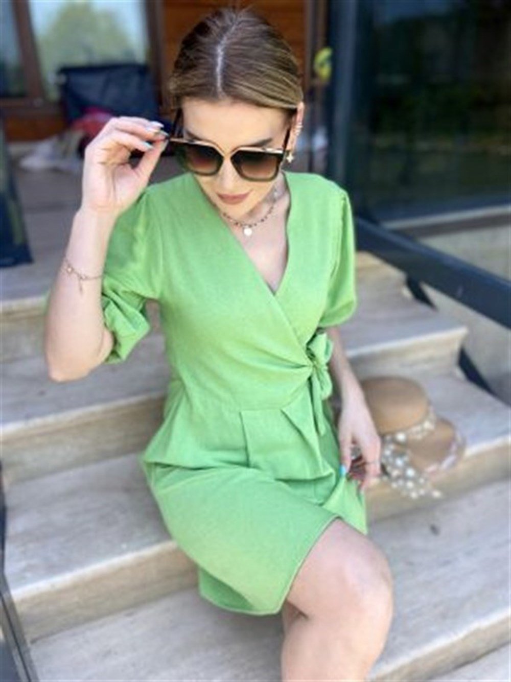 GK Yeşil Keten Elbise