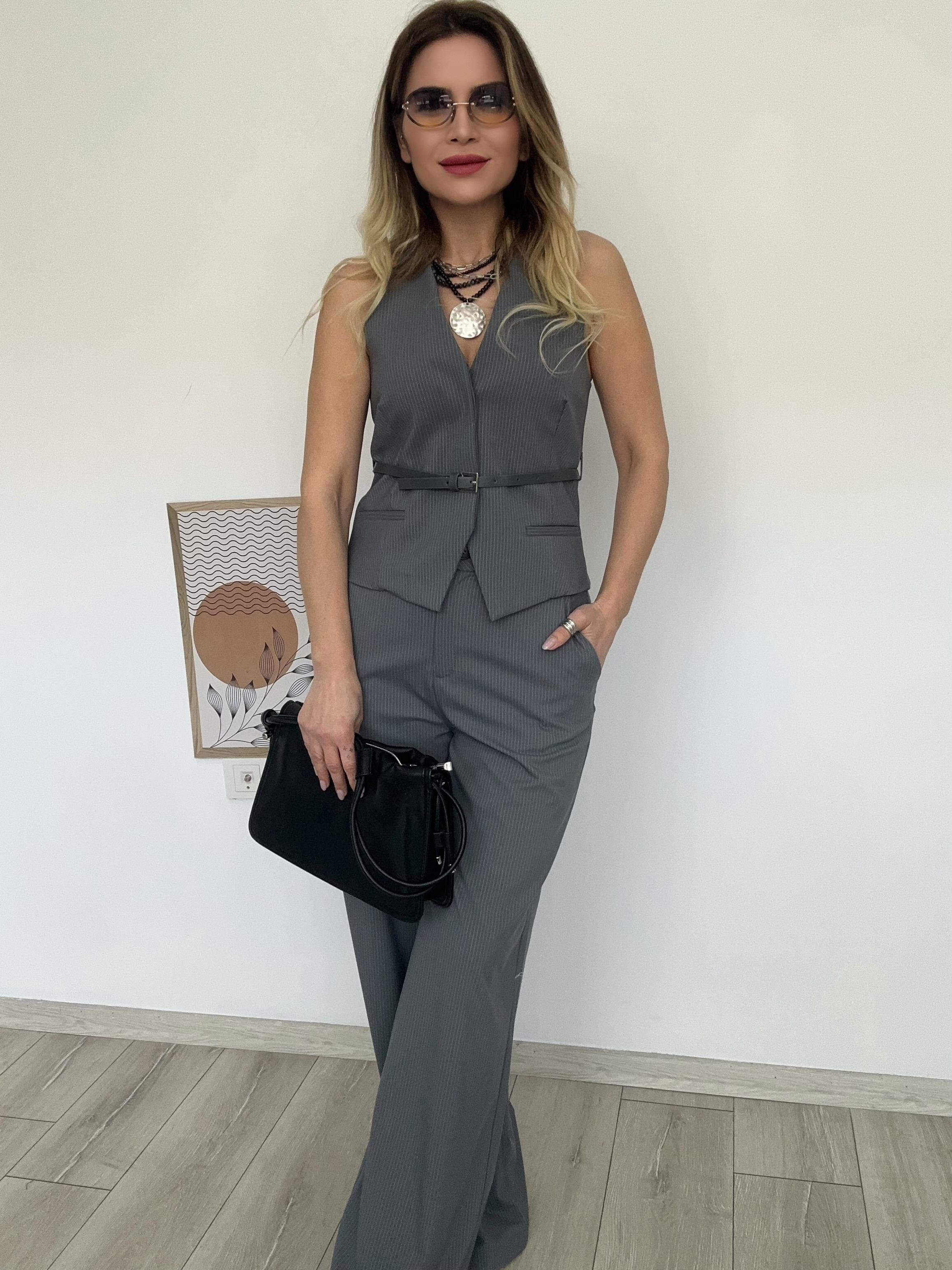 Gri Çizgili Yelek Pantolon Takım