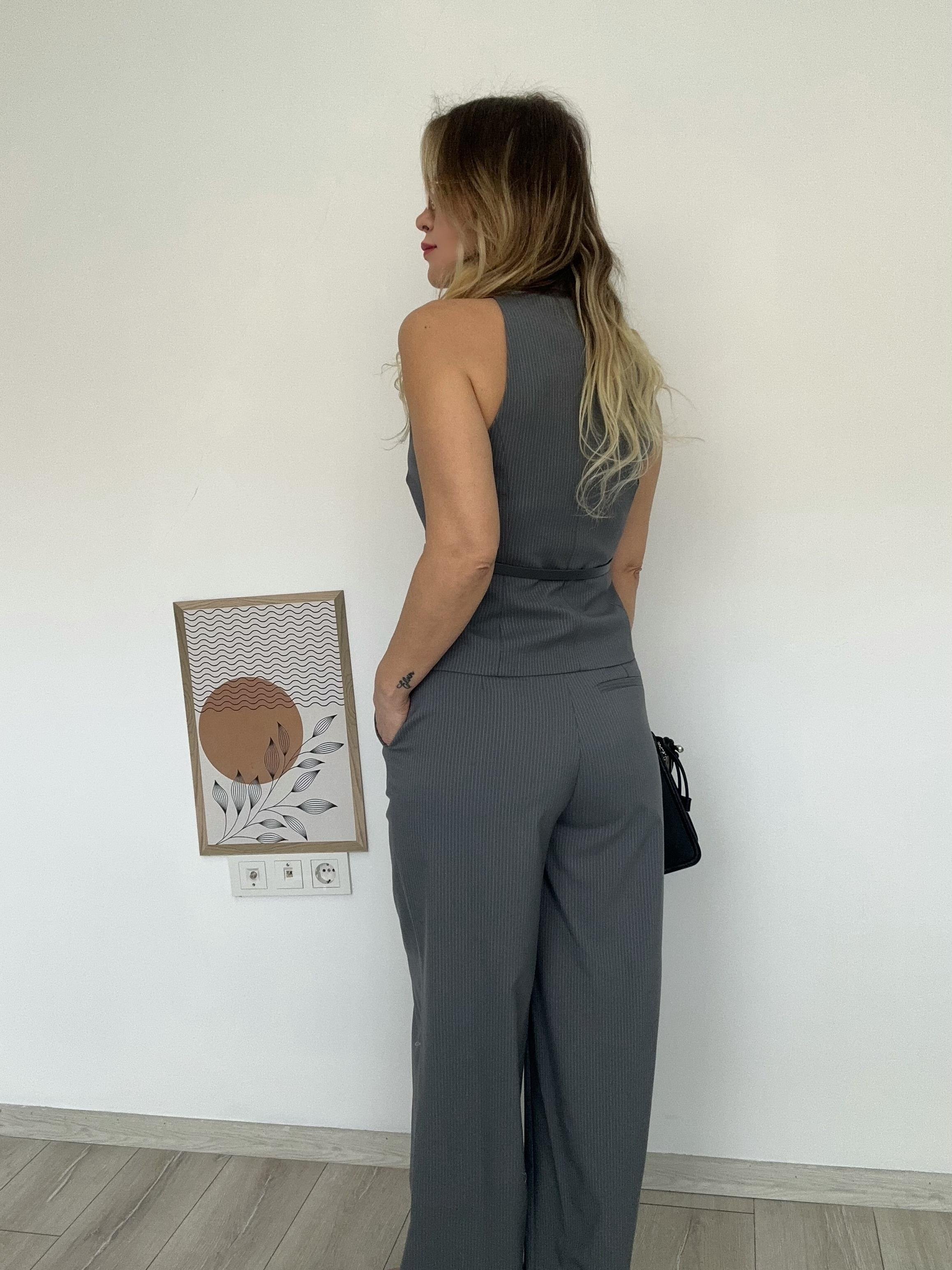 Gri Çizgili Yelek Pantolon Takım