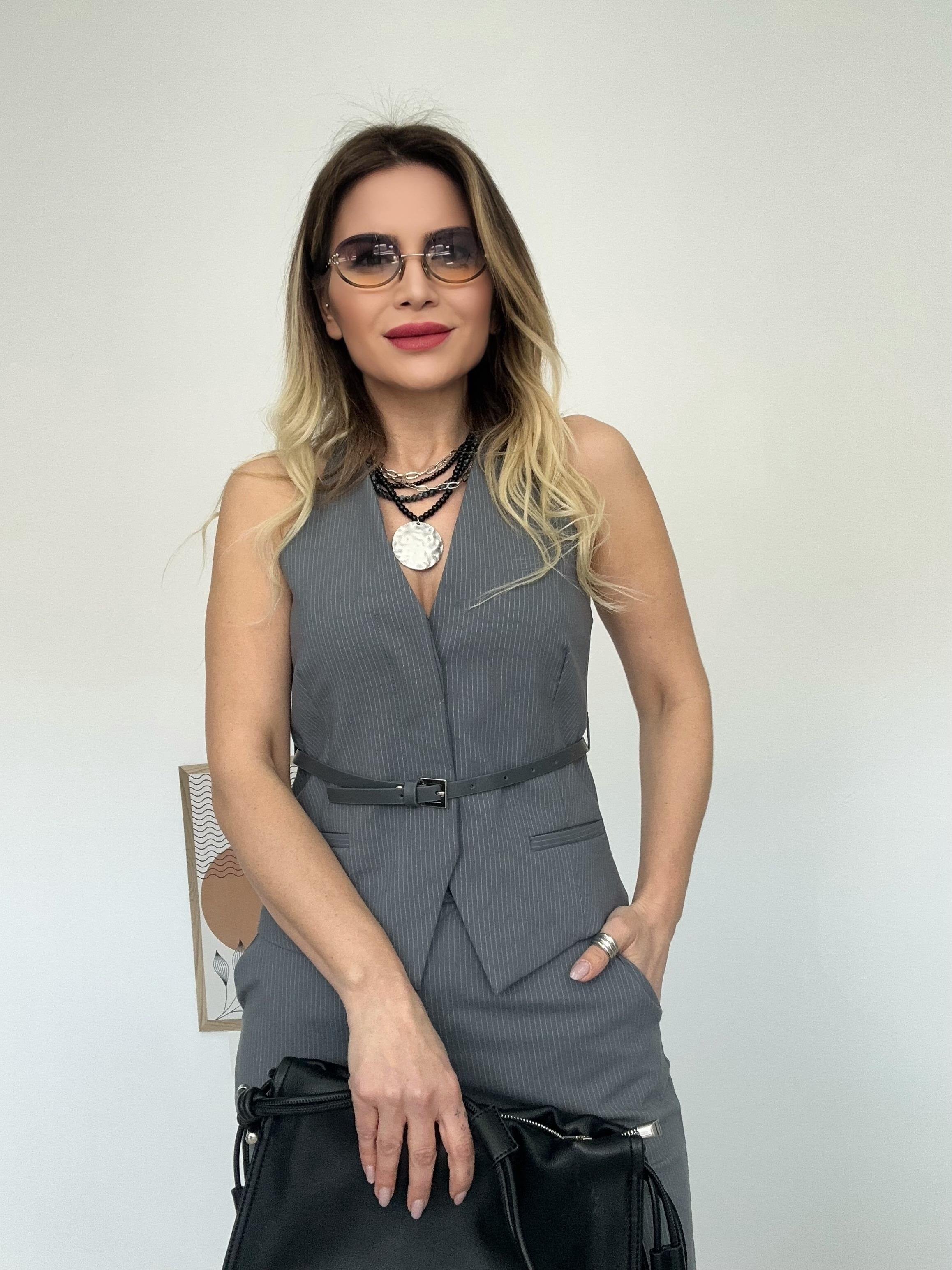 Gri Çizgili Yelek Pantolon Takım