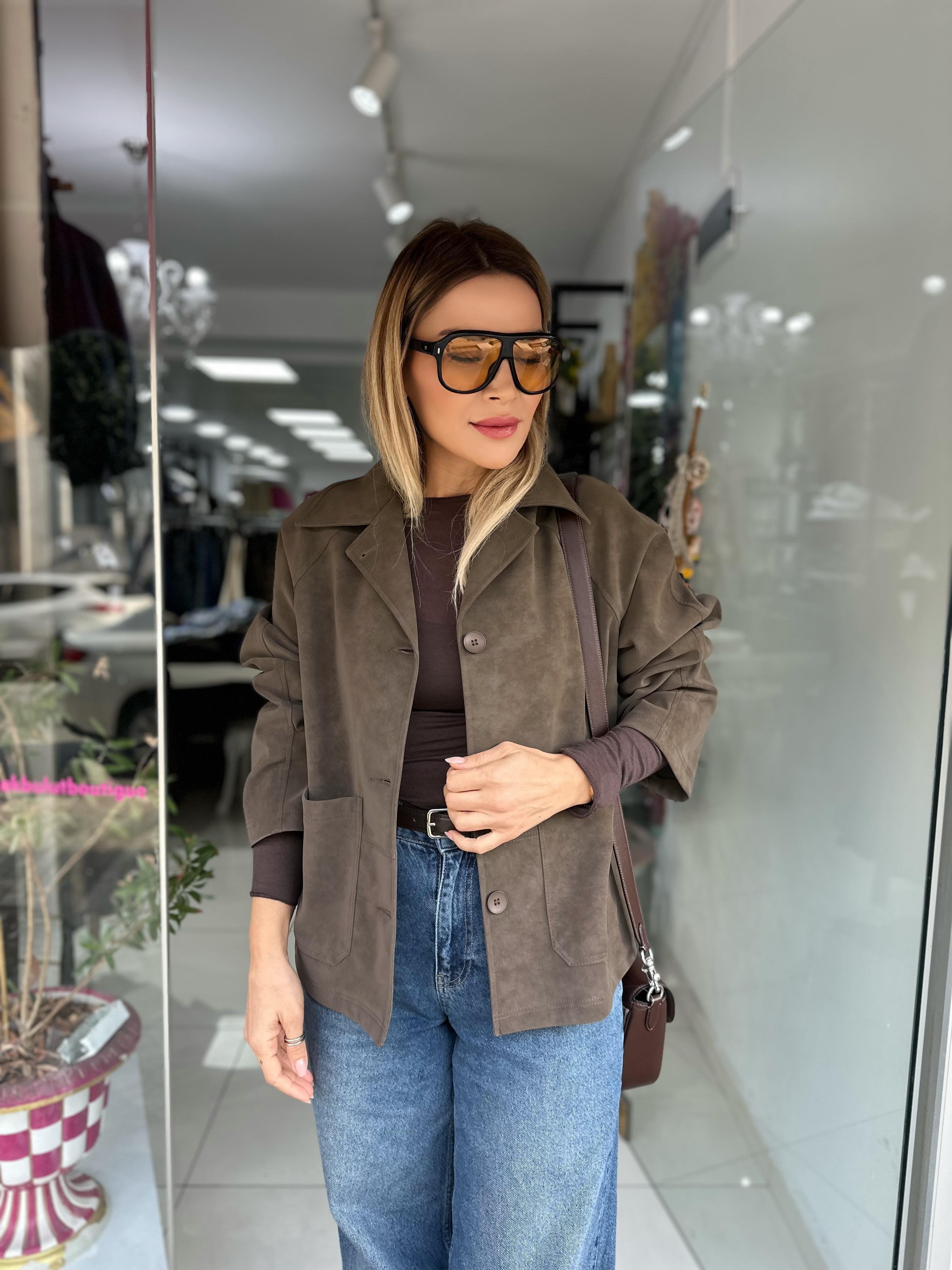 Haki Devrik Yakalı Süet Ceket