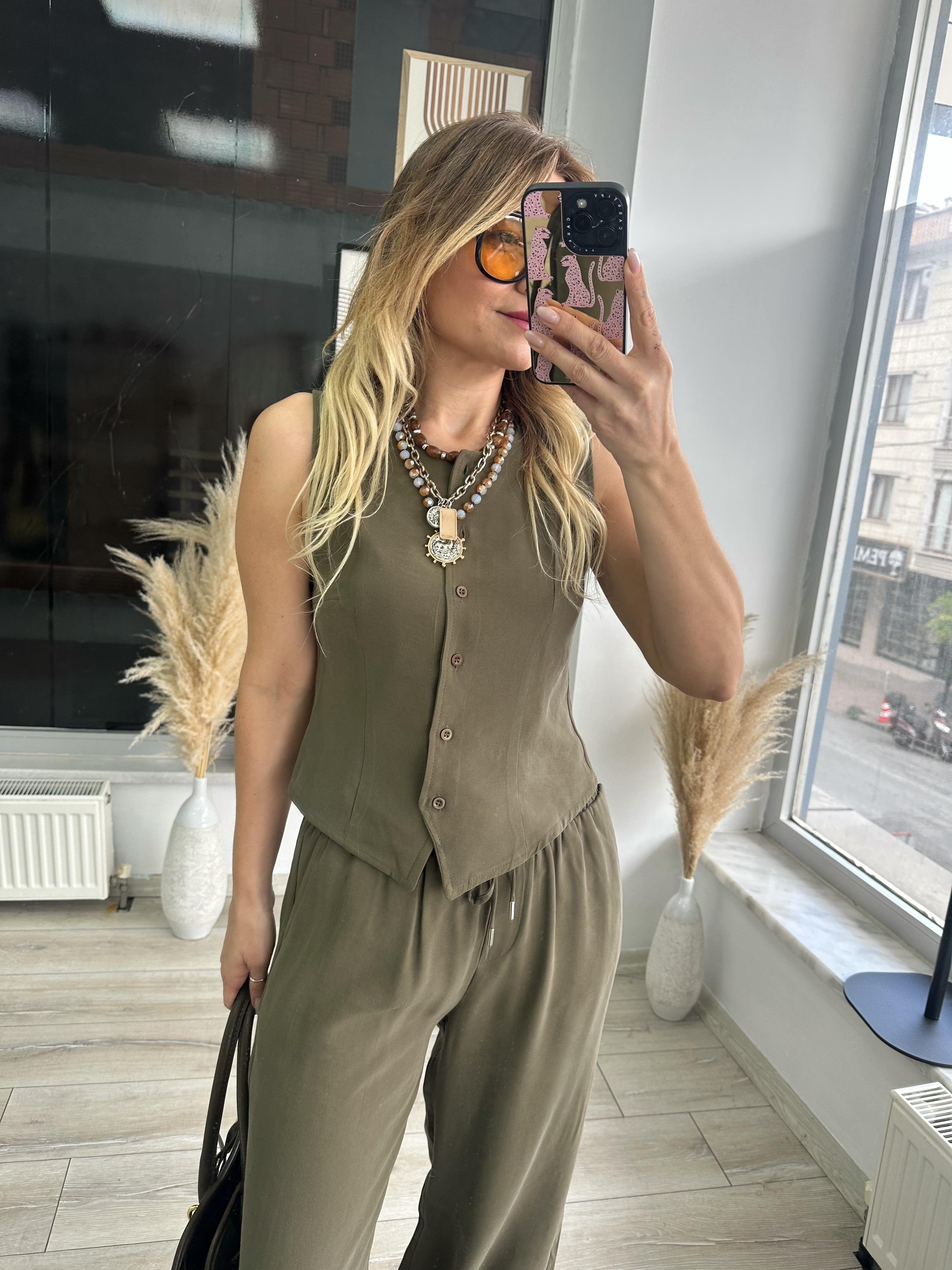 Haki Dokuma Kumaş Yelek Pantolon Takım