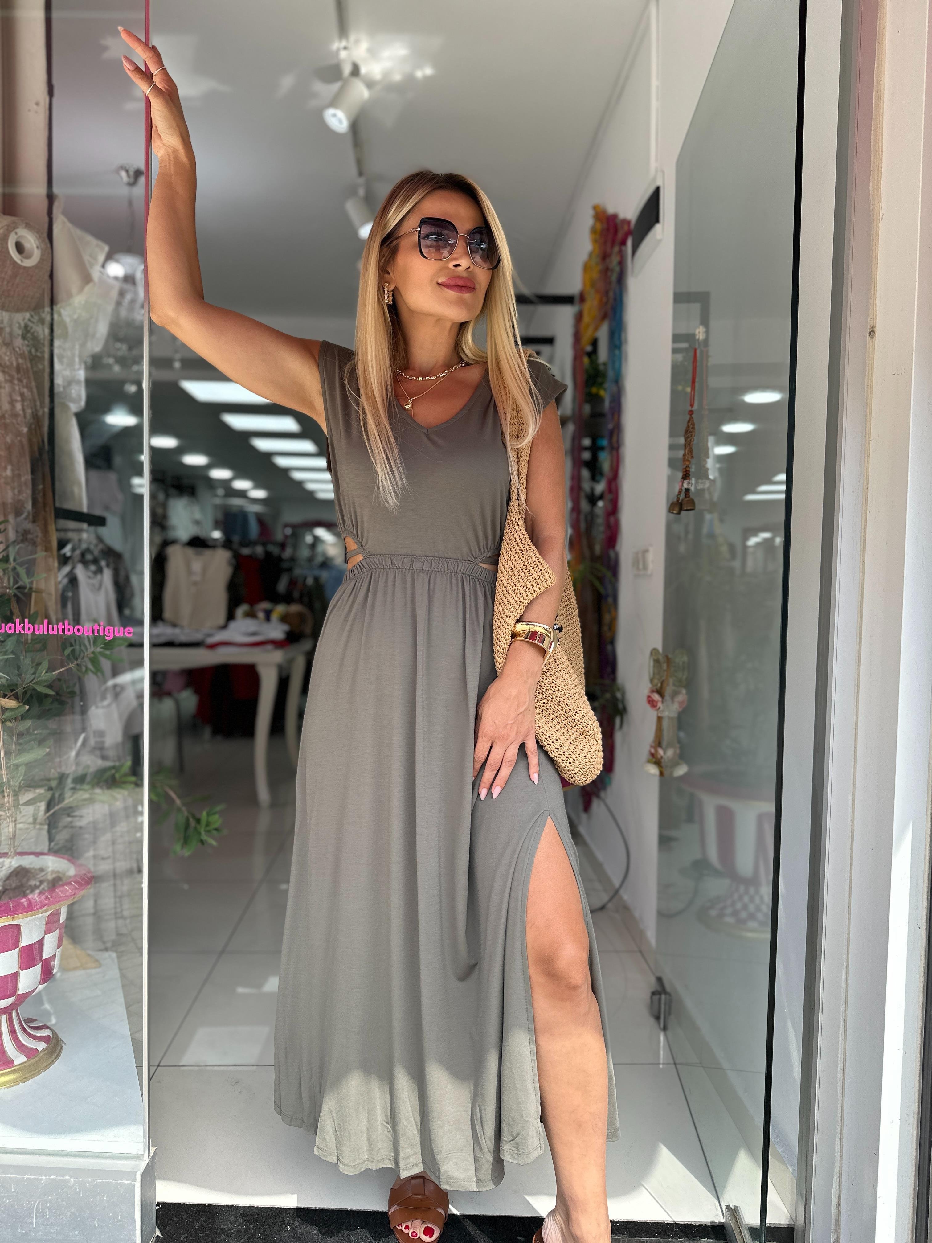 Haki Modal Yan Pencere Detaylı Elbise 