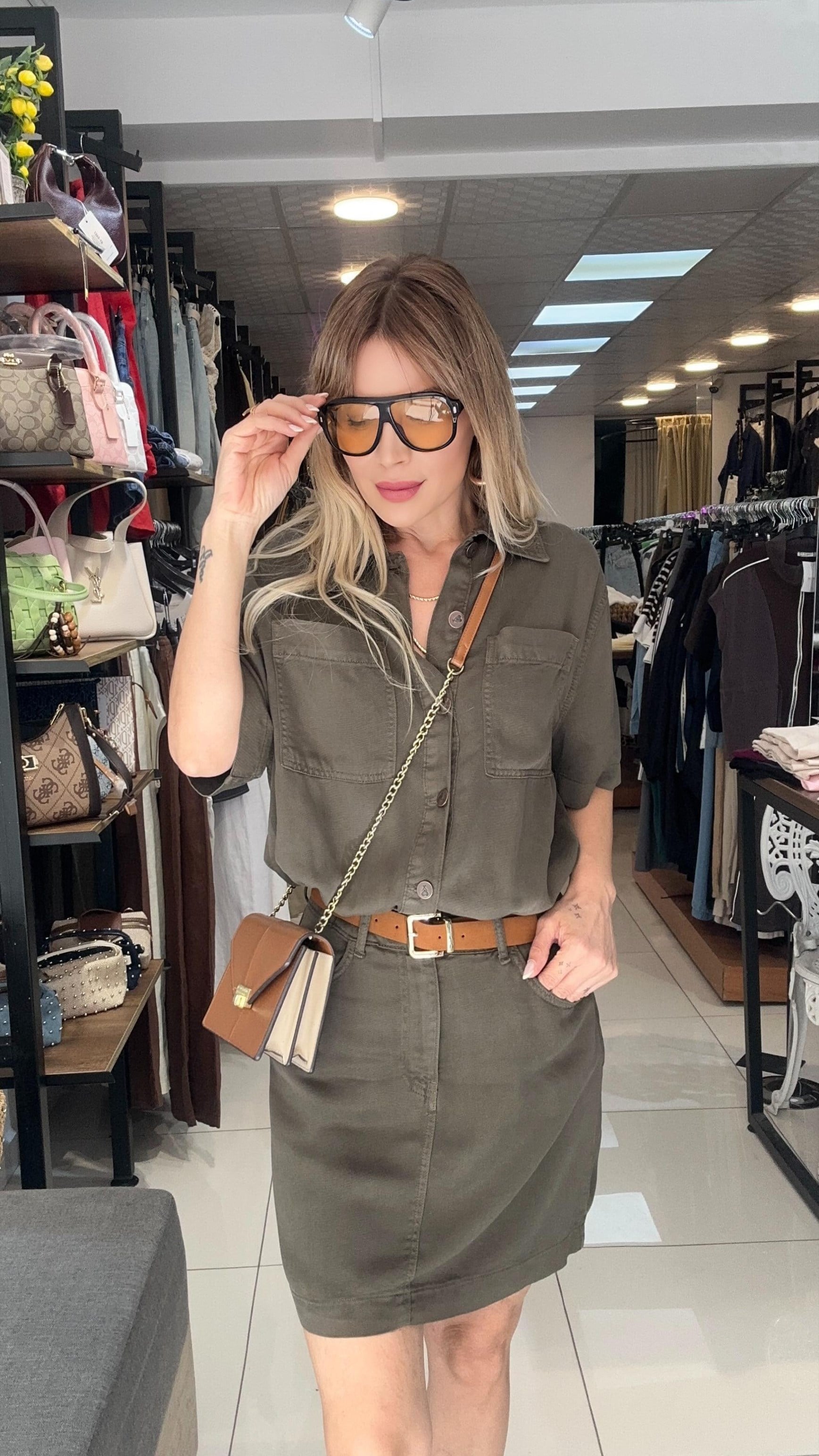 Haki Yeşili Tensel Denim Elbise
