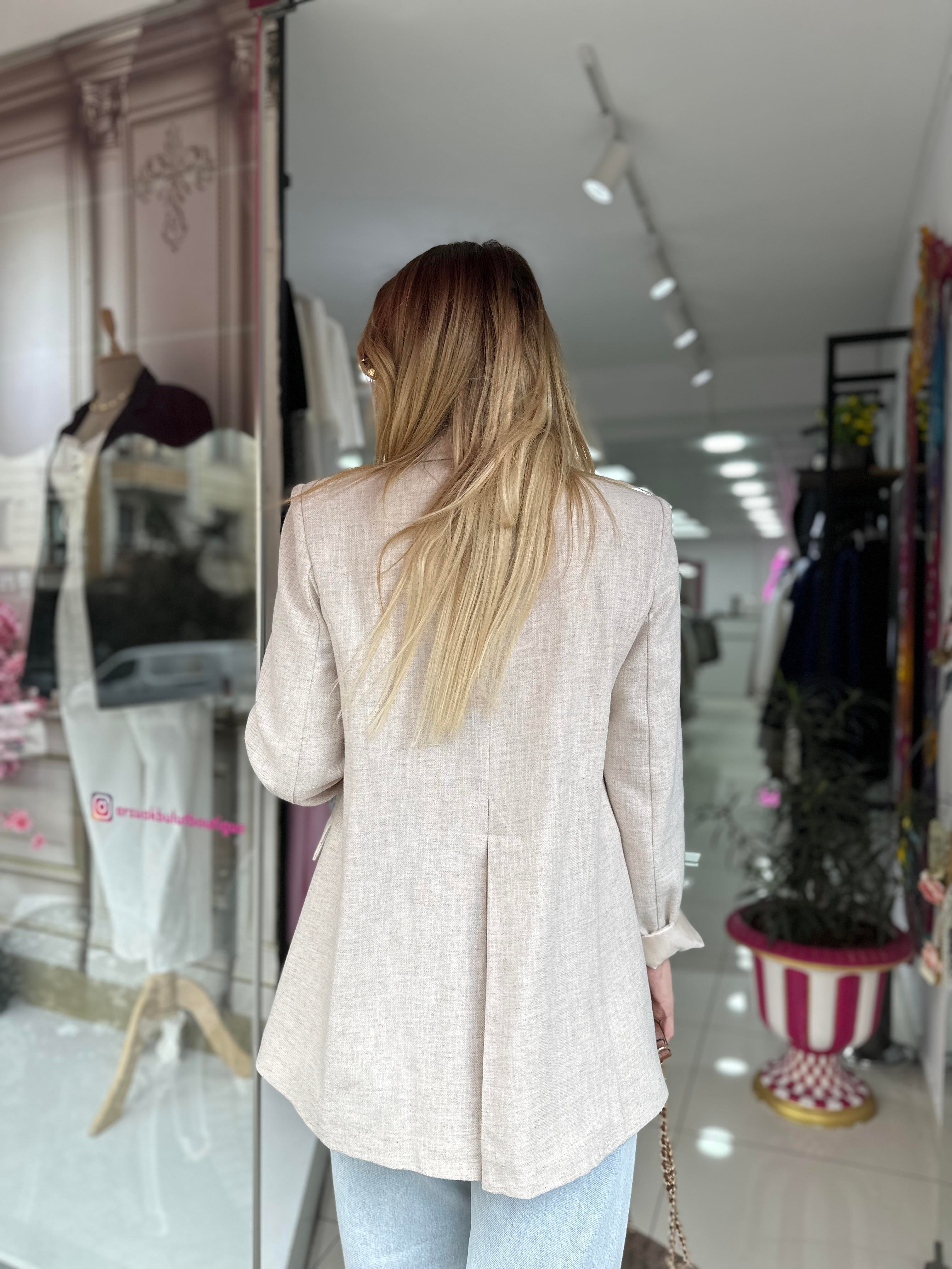 HYL Bej Ham Keten Düğme Detay Blazer